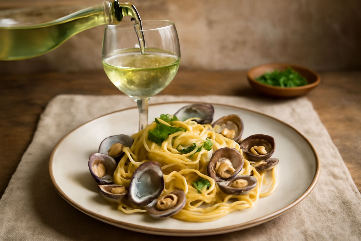 Bicchiere di vino bianco trasparente e dorato su tavolo di legno, accanto a limone fresco, filetto di pesce e rametto di rosmarino