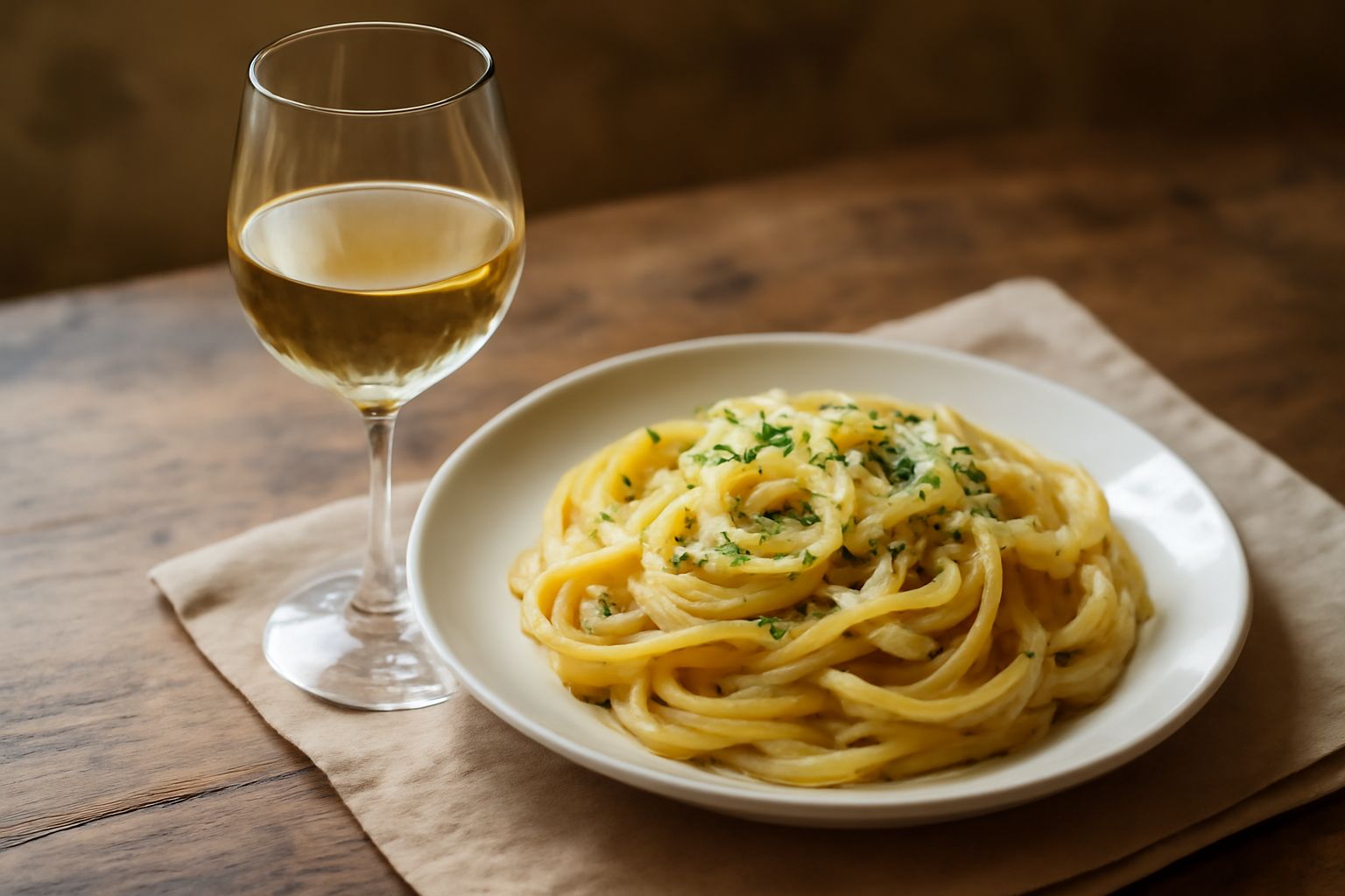 Calice di vino bianco secco dal colore giallo paglierino trasparente, servito a temperatura fresca su tavolo di legno con pane, formaggio e piatto di pesce fresco