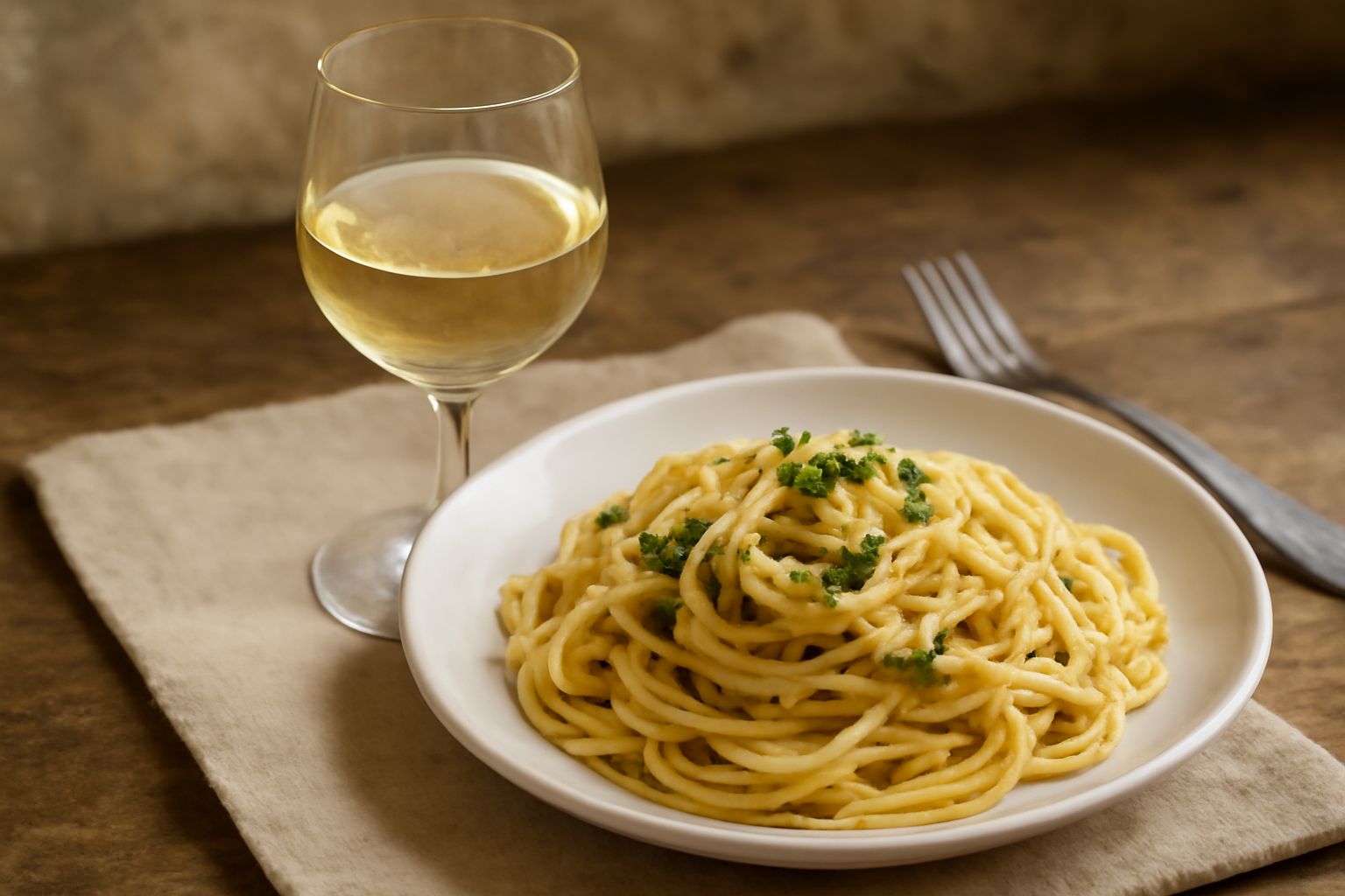 Calice di vino bianco trasparente con riflessi giallognoli, servito a temperature di raffreddamento, con bottiglie di vino veneto sfuocate sullo sfondo e un piatto di cicchetti veneti in primo piano