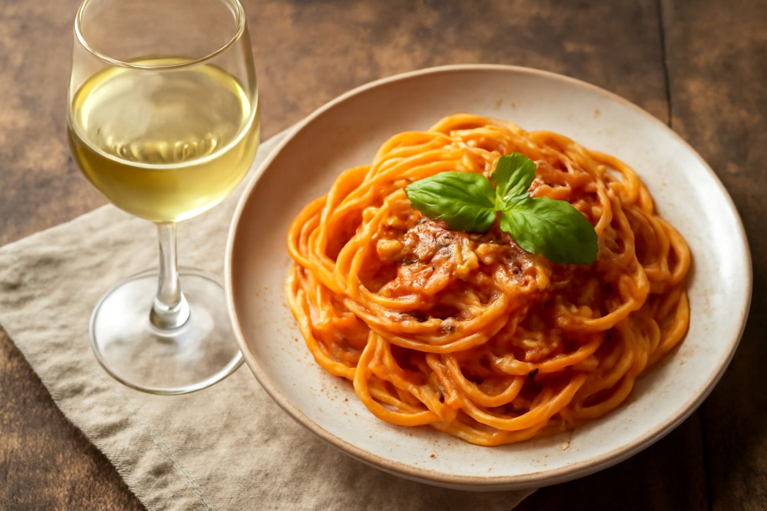 Calice di vetro trasparente con vino bianco paglierino dal riflesso dorato, collocato su tavolo di legno naturale con sfondo sfocato di campagna toscana e piatti di pesce crudo