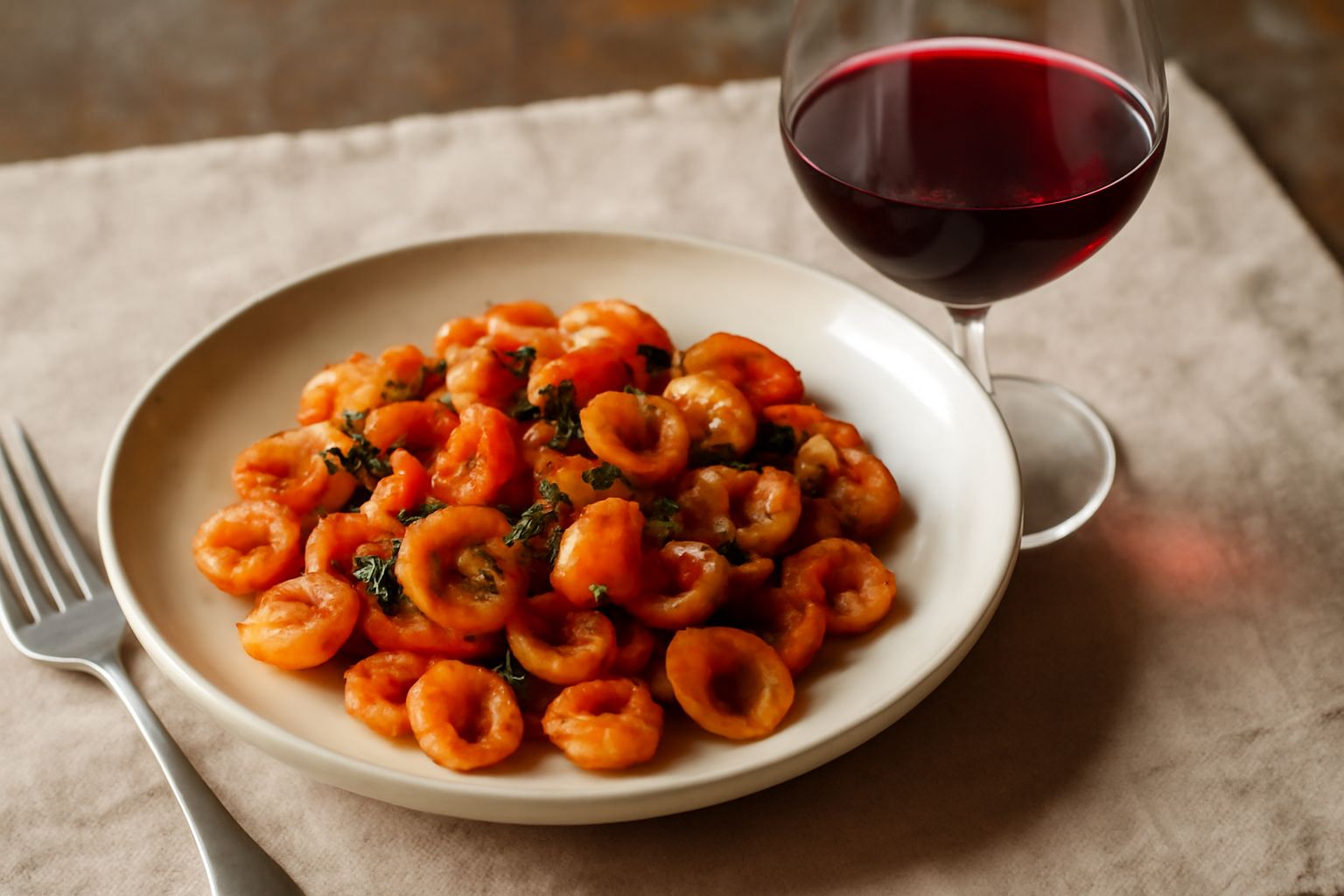 Bicchiere di vino rosso Bombino Nero di colore rosso rubino chiaro, versato da una bottiglia, con sfondo di tavolo in legno e piatto di carne rosata a lato