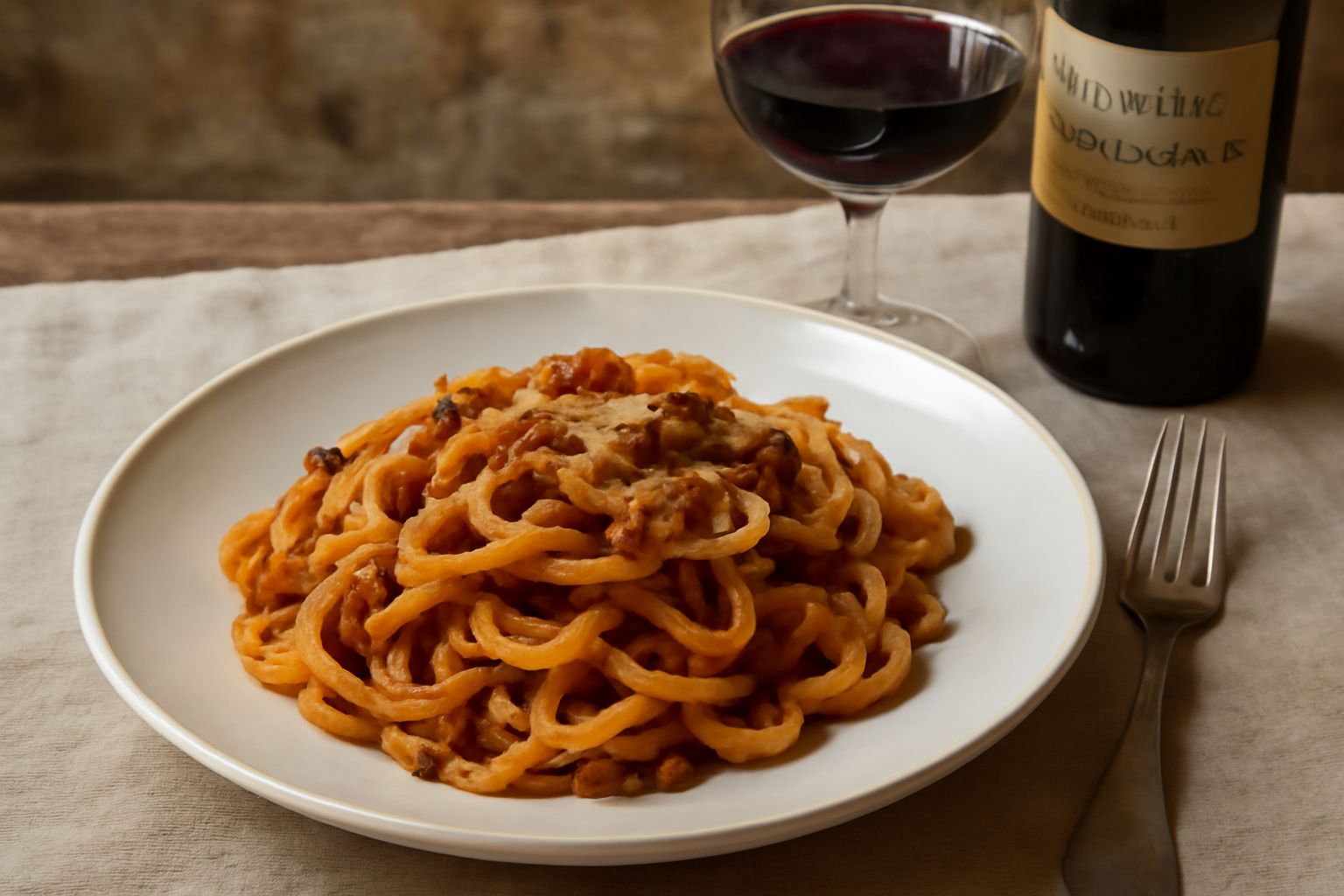 Calice di Brunello di Montalcino rosso rubino scuro in luce naturale, accanto a una bottiglia con etichetta tradizionale e tavolo di legno rustico