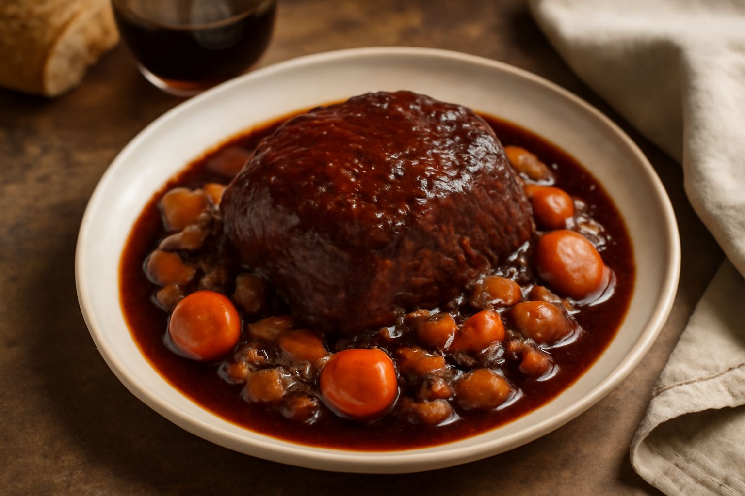 Brasato di manzo affettato su un piatto bianco, coperto da un sugo scuro e denso, decorato con rosmarino fresco, carote a fette e cipolla bianca, bicchiere di Cabernet rosso sullo sfondo