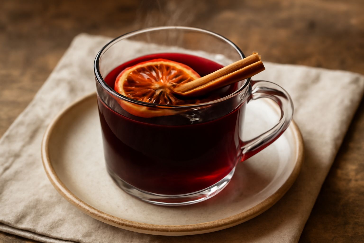 Una tazza di vetro trasparente riempita di vino rosso scuro fumante, guarnita con una stecca di cannella, una fetta di arancia e uno stelo di anice stellato, su un piatto in ceramica, con vapore visib