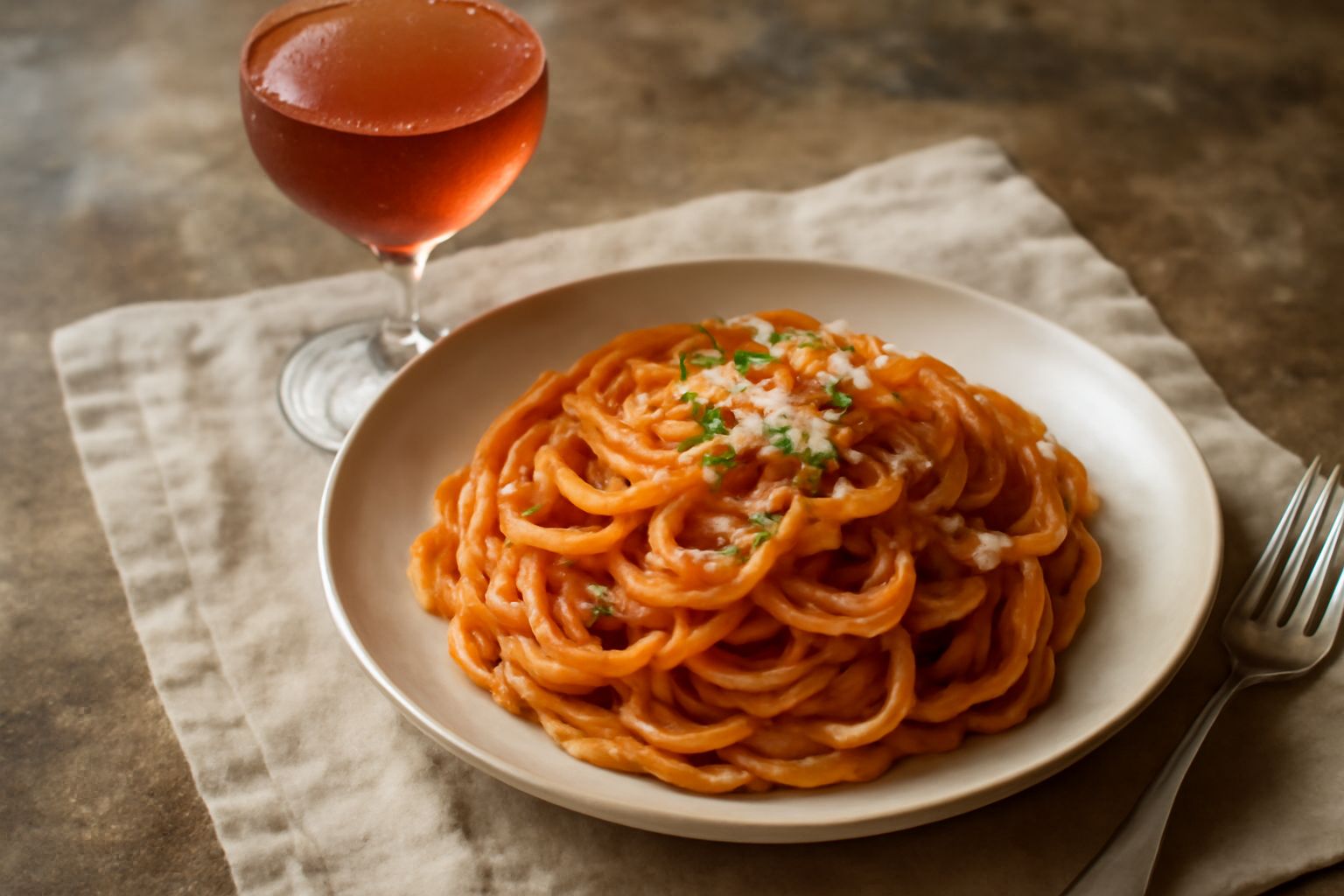 Bicchiere di Cerasuolo d'Abruzzo con colore corallo intenso, servito freddo, con sfondo di ciliegie rosse e paesaggio collinare abruzzese sfocato
