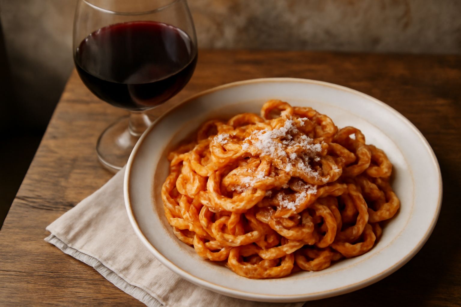 Calice di vino rosso Cesanese del Piglio con riflessi granato, servito a tavola con piatto di formaggi e pane scuro sullo sfondo