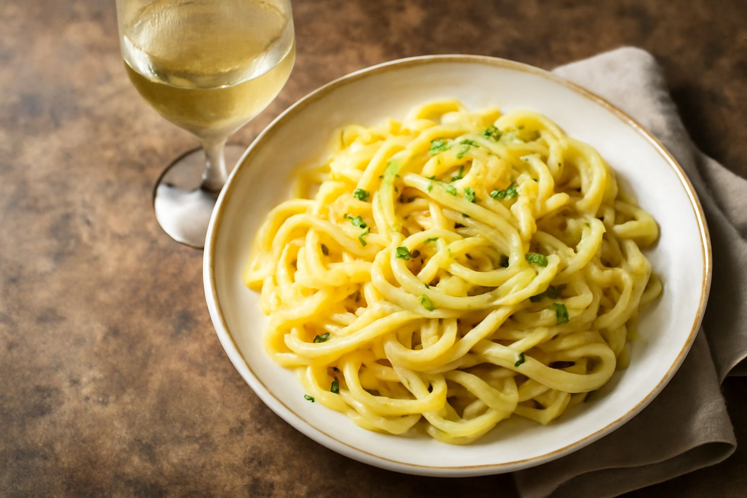 Bicchiere di vino bianco dorato con riflessi ambrati contenente Chambave Muscat, poggiato su tavolo in legno chiaro accanto a grappolo d'uva Muscat fresca e piatto con biscotti secchi