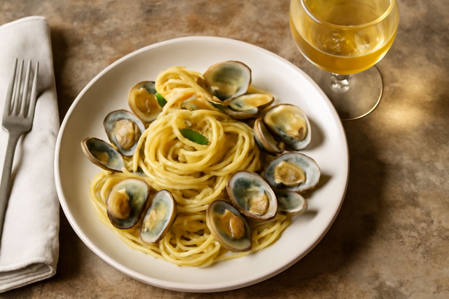 Bicchiere di vino Chardonnay color giallo paglierino in vetro trasparente su tavolo bianco, accanto a piatto con filetto di pesce e limone fresco