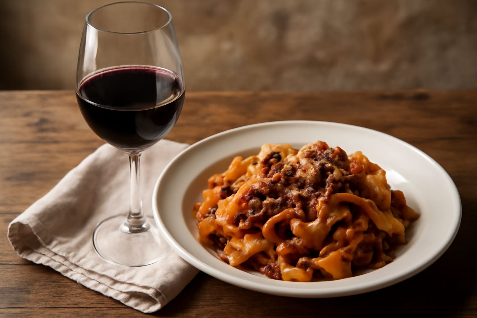Calice di Chianti Classico Riserva colore rosso rubino intenso, con riflessi granato, servito su tavola bianca con pane toscano e tagliere di salumi