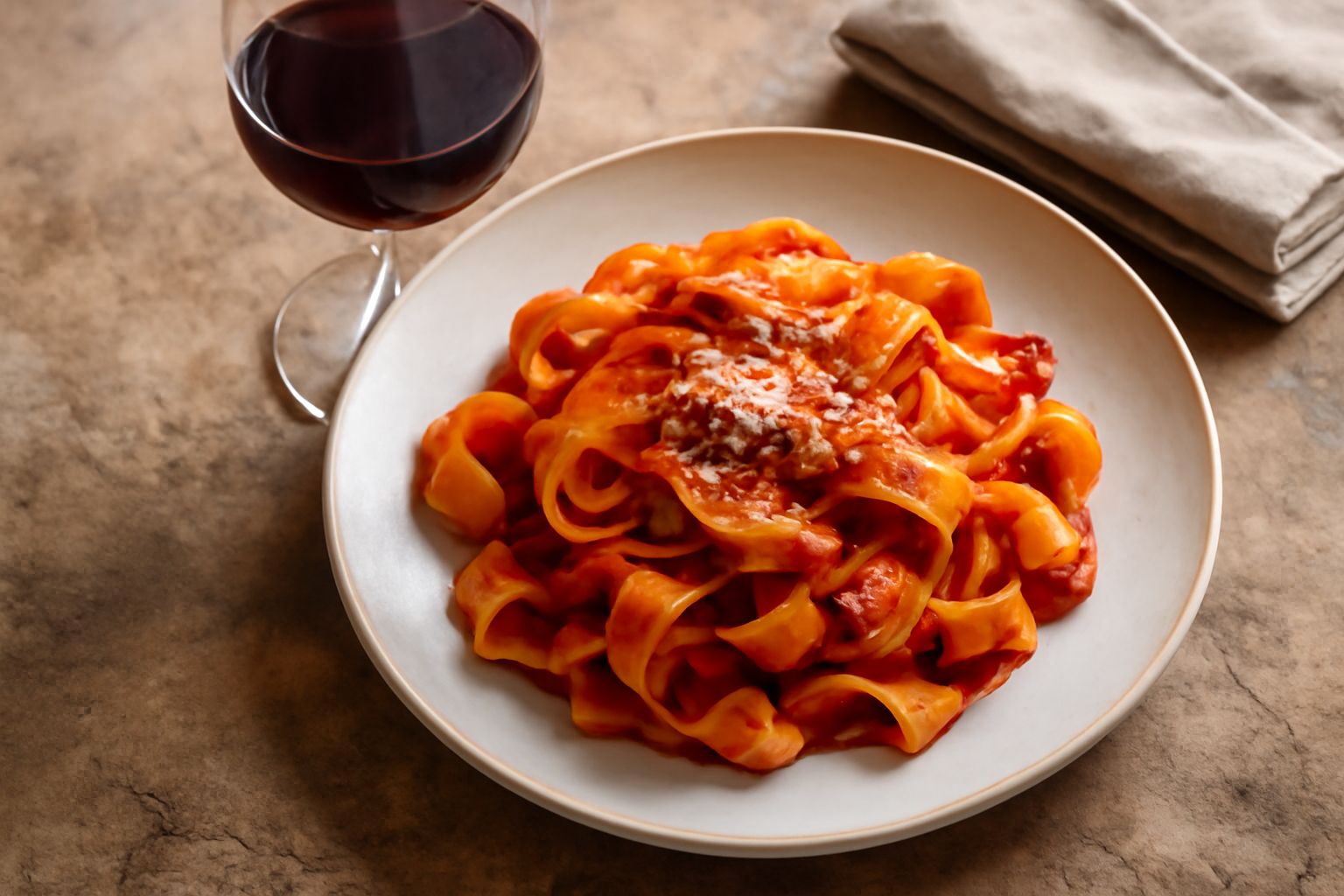 Bicchiere di Chianti Colli Fiorentini rosso rubino con riflessi granato, servito accanto a una bottiglia etichettata e a un piatto con bistecca al forno e contorno di verdure grigliate