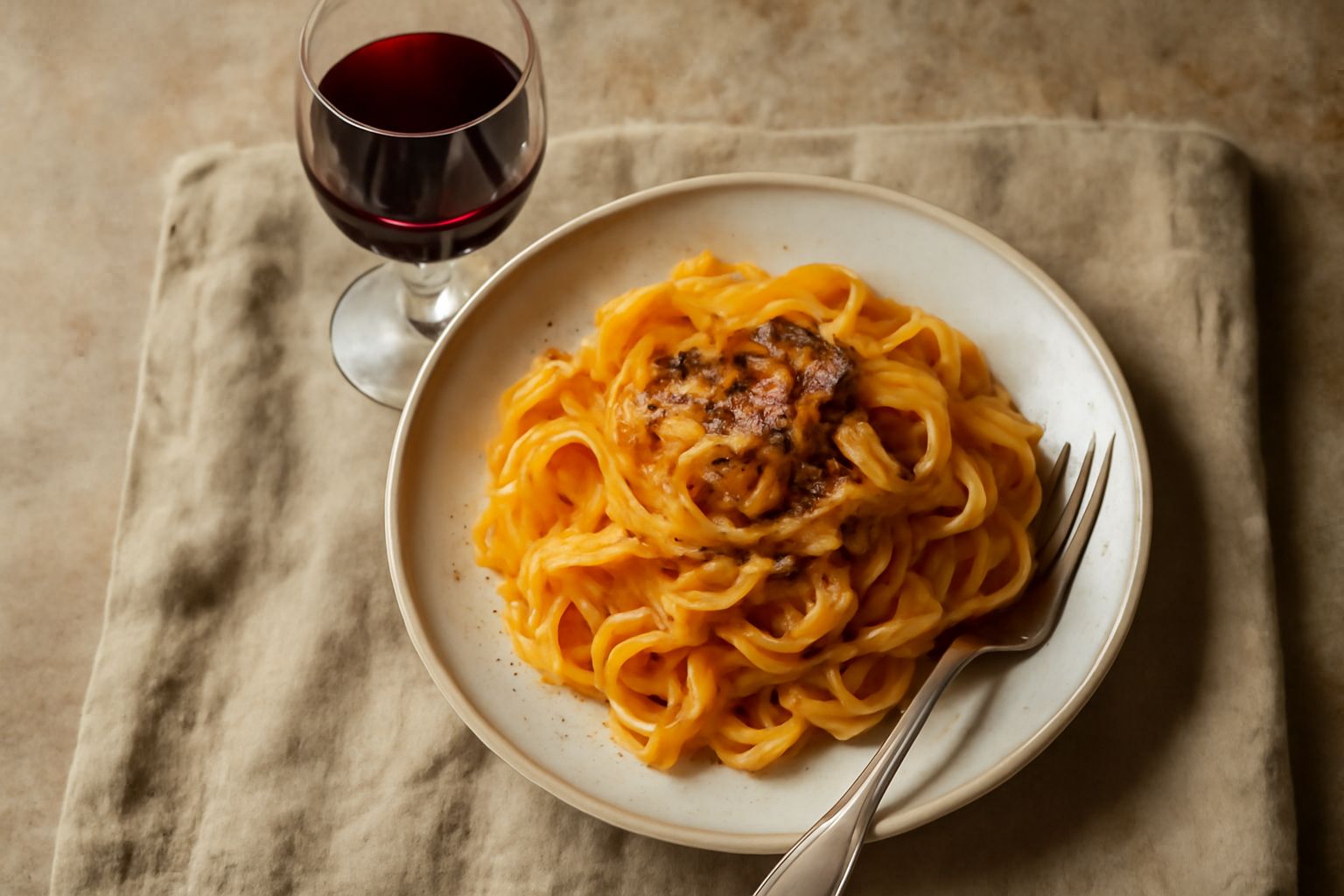 Bicchiere di Chianti Rufina color rosso rubino con riflessi trasparenti, accanto a bottiglie di vino e uva rossa su una tavola di legno