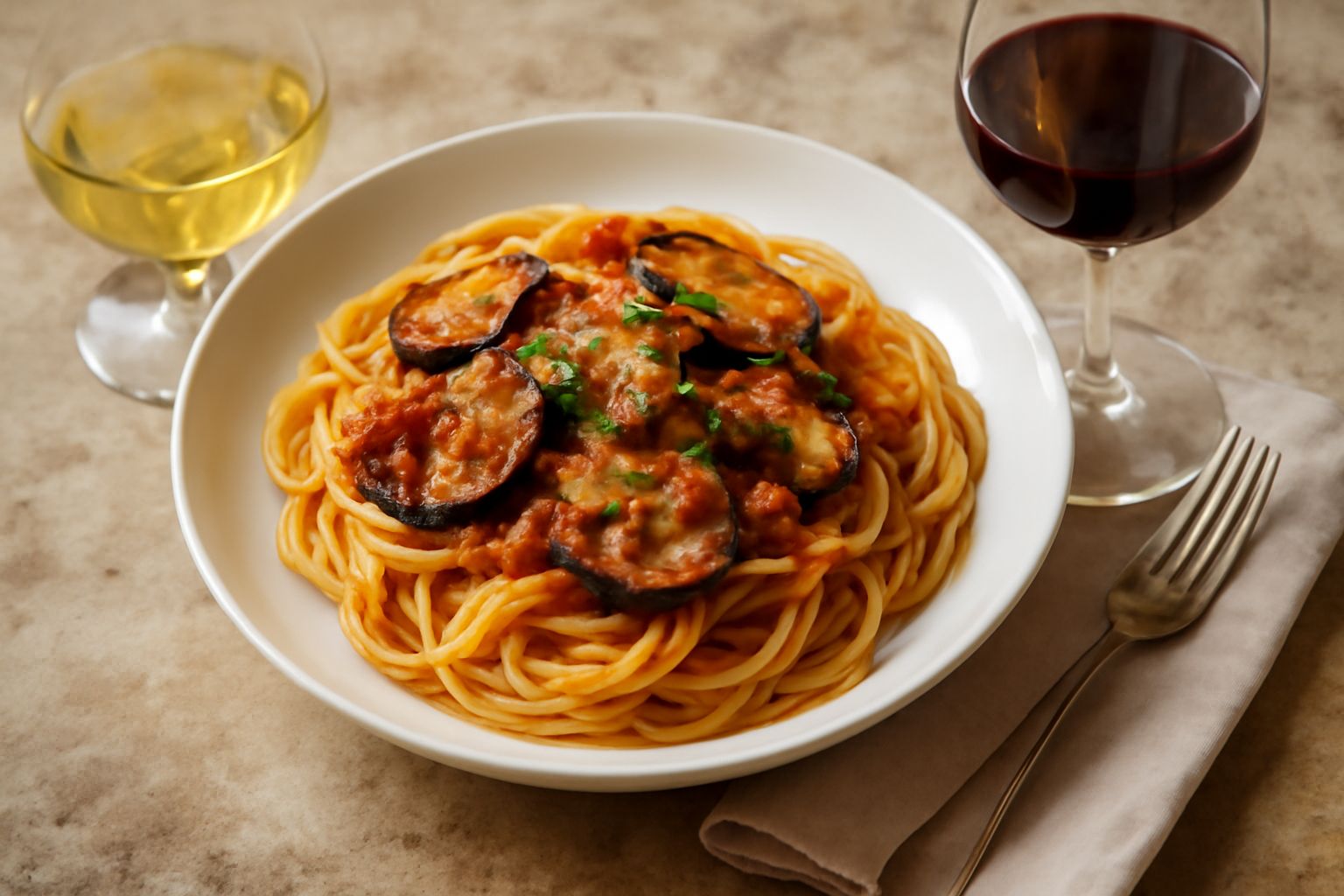 Bicchiere di vino rosso Colli Euganei tenuto in mano con sfondo di colline verdi punteggiate di vigneti e un piatto di riso ai funghi porcini in primo piano