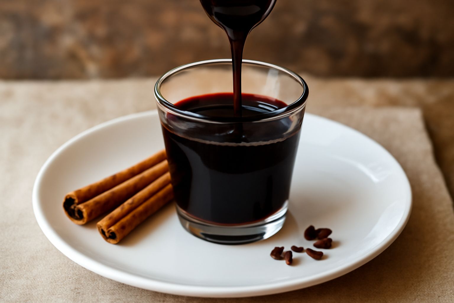 Bicchiere trasparente con vino cotto calabrese di colore scuro marrone lucido, in sottofondo una bottiglia di vetro scuro, accanto bastoncini di cannella e qualche chiodo di garofano sparso