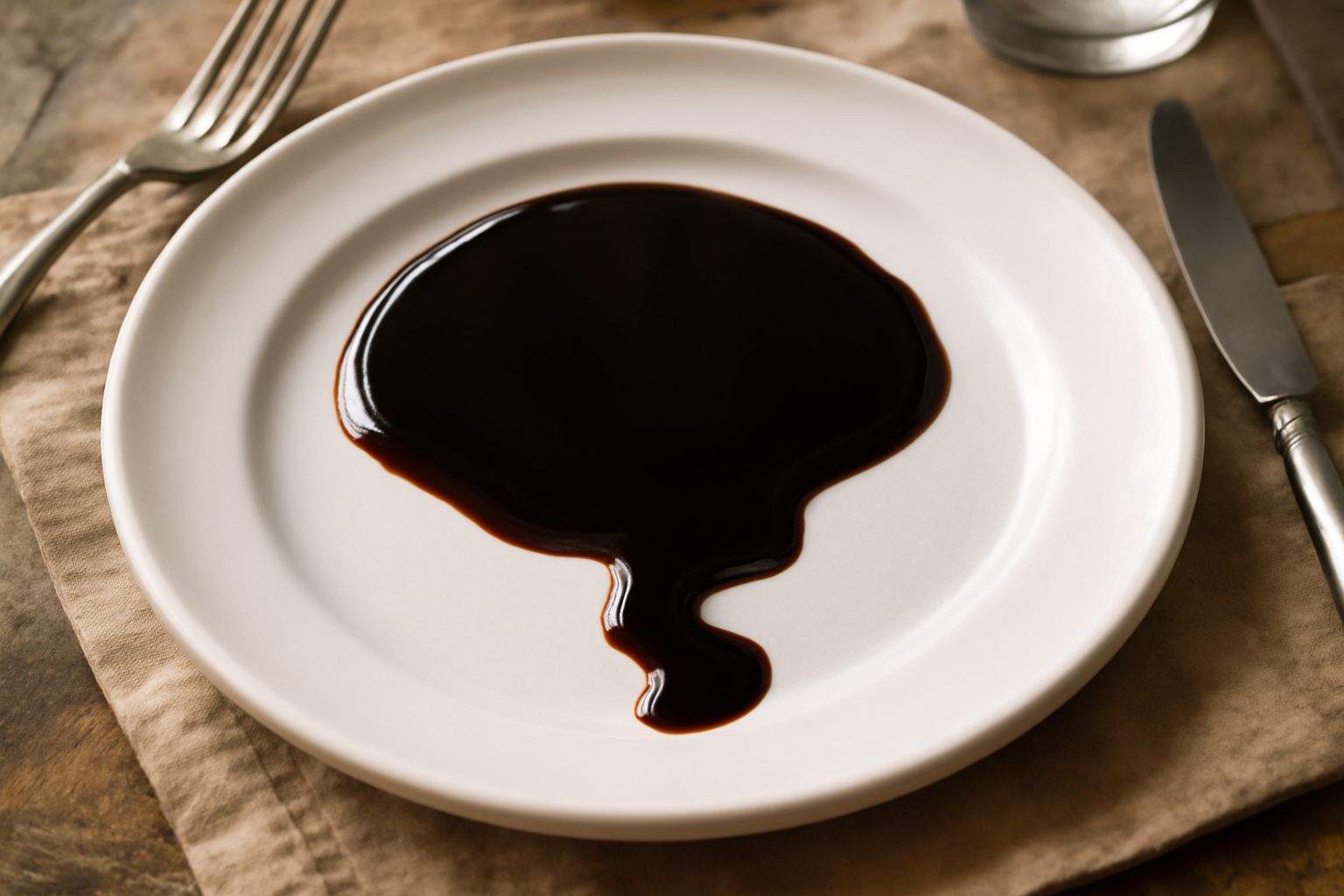 Vino cotto marchigiano in bottiglia di vetro scuro con liquido denso brunastro, accanto a uva nera fresca e cucchiaio di legno con prodotto colante