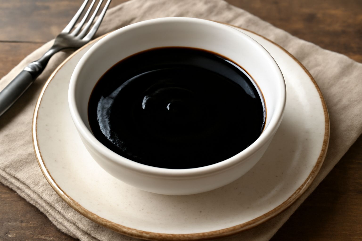 Vino cotto molisano denso e scuro in una ciotola di ceramica, dal colore marrone caramello, con cucchiaio di legno immerso nella riduzione viscosa