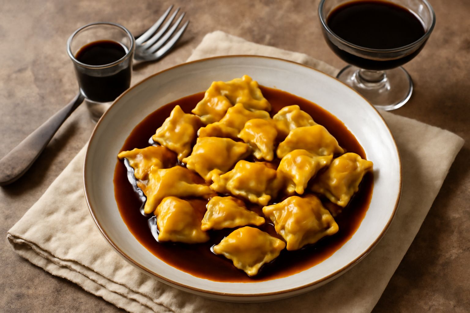 Bicchiere di vetro trasparente con vino cotto piemontese di colore marrone scuro, spezie intere sparse intorno, su fondo di legno rustico