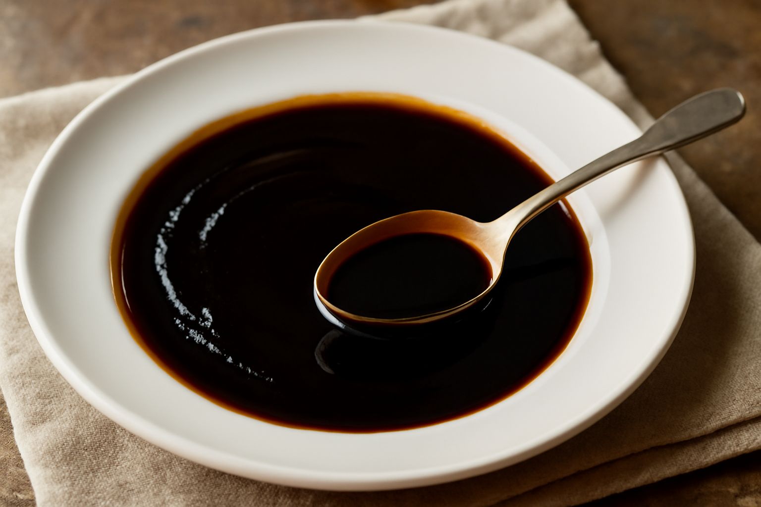 Vino cotto romagnolo color ambrato scuro versato in un bicchiere, con consistenza densa e vischiosa, accanto a una bottiglia di vino rosso e un cucchiaio di legno