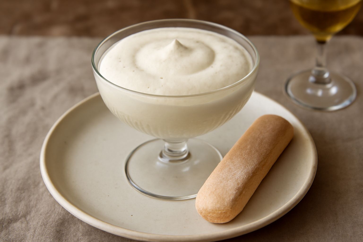 Coppa di cristallo riempita di zabaione color crema chiara, montato, con bollicine visibili sulla superficie e un biscotto savoiardi di lato, su tavolo bianco con tovagliolo di lino beige