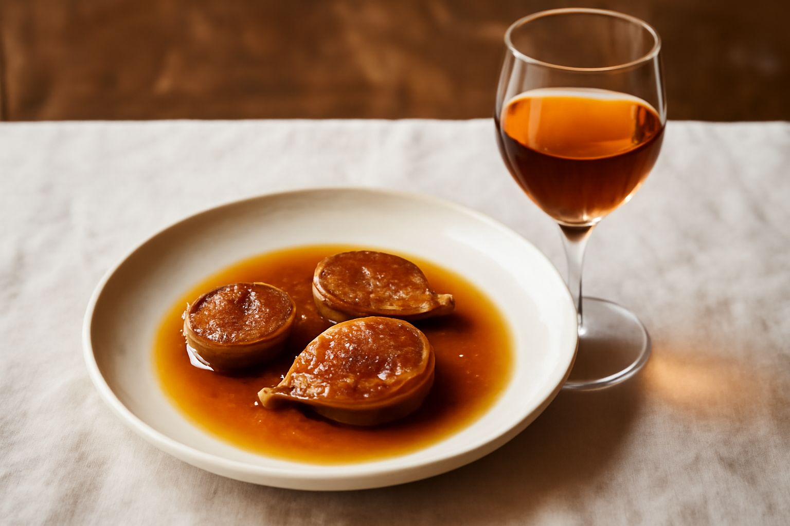 Bicchiere di vino bianco dorato con riflessi ambrati, servito su tavolo di legno scuro, accanto a fichi interi e tagliati a metà con polpa rosa, e bastoncini di cannella