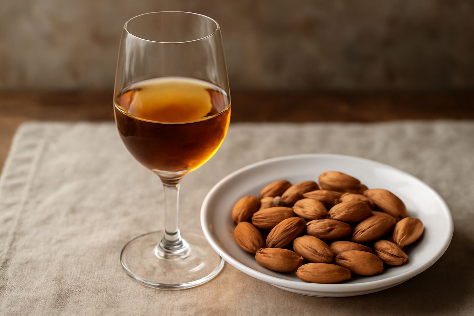 Bicchiere di vino ambrato alle mandorle con sfumature dorate, mandorle tostate sparse accanto, bottiglia di vetro scuro con il liquore, su tavolo di legno in luce naturale