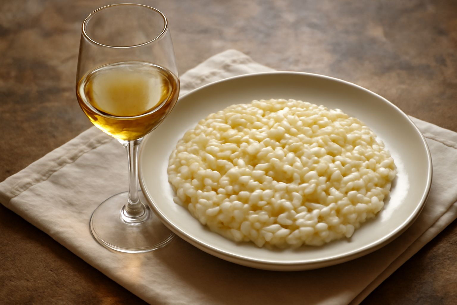 Bicchiere trasparente con vino dorato e trasparente, posato su una tovaglia bianca accanto a biscotti secchi, con sfondo sfocato di colline lacustri