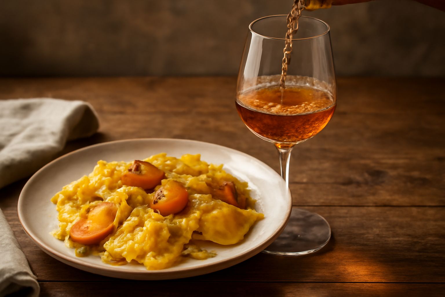 Calice di Moscato di Pantelleria dal colore giallo dorato, servito freddo in bicchiere trasparente, con sfondo sfocato di paesaggio ligure e vassoio di mandorle tostate accanto