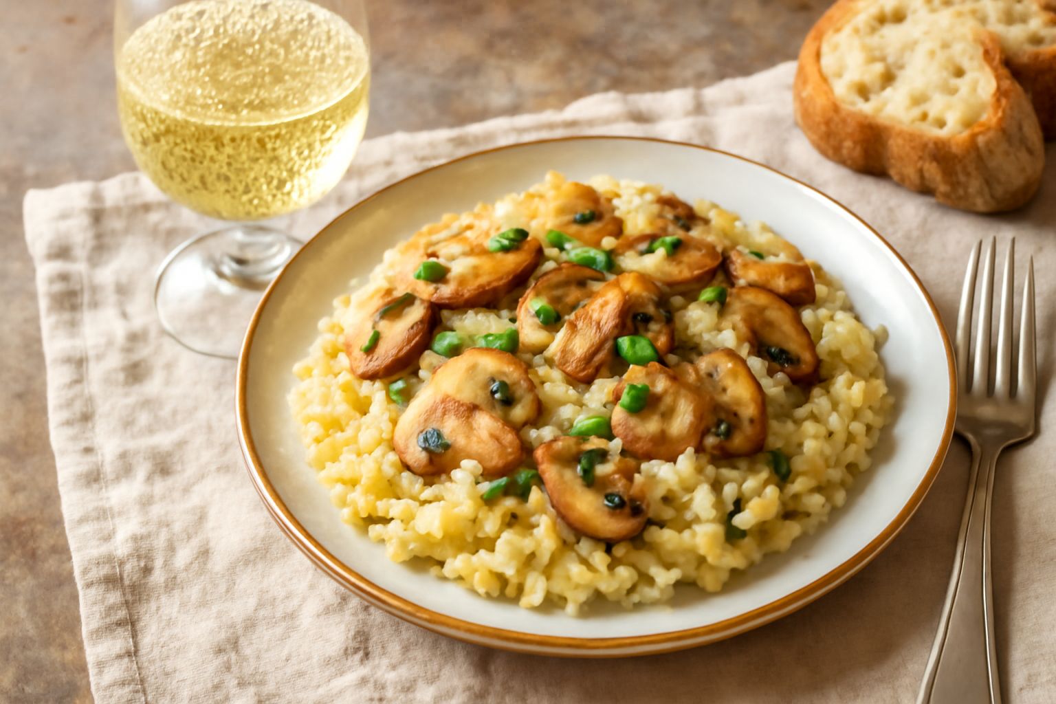 Calice di Moscato d'Asti con riflessi dorati, bollicine leggere che risalgono, sfondo neutro, luce naturale, tavolo in legno chiaro con fiori bianchi accanto