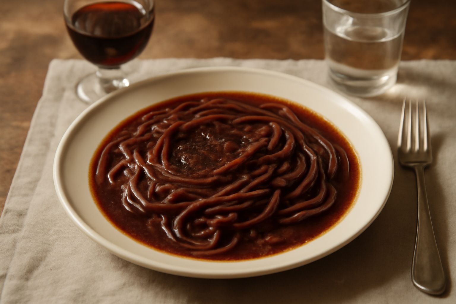 Bicchiere di vino rosso da taglio versato in una padella con cipolla dorata e salsa in preparazione, vapore che sale dal fondo, cucchiaio di legno, tegame in acciaio su fuoco medio