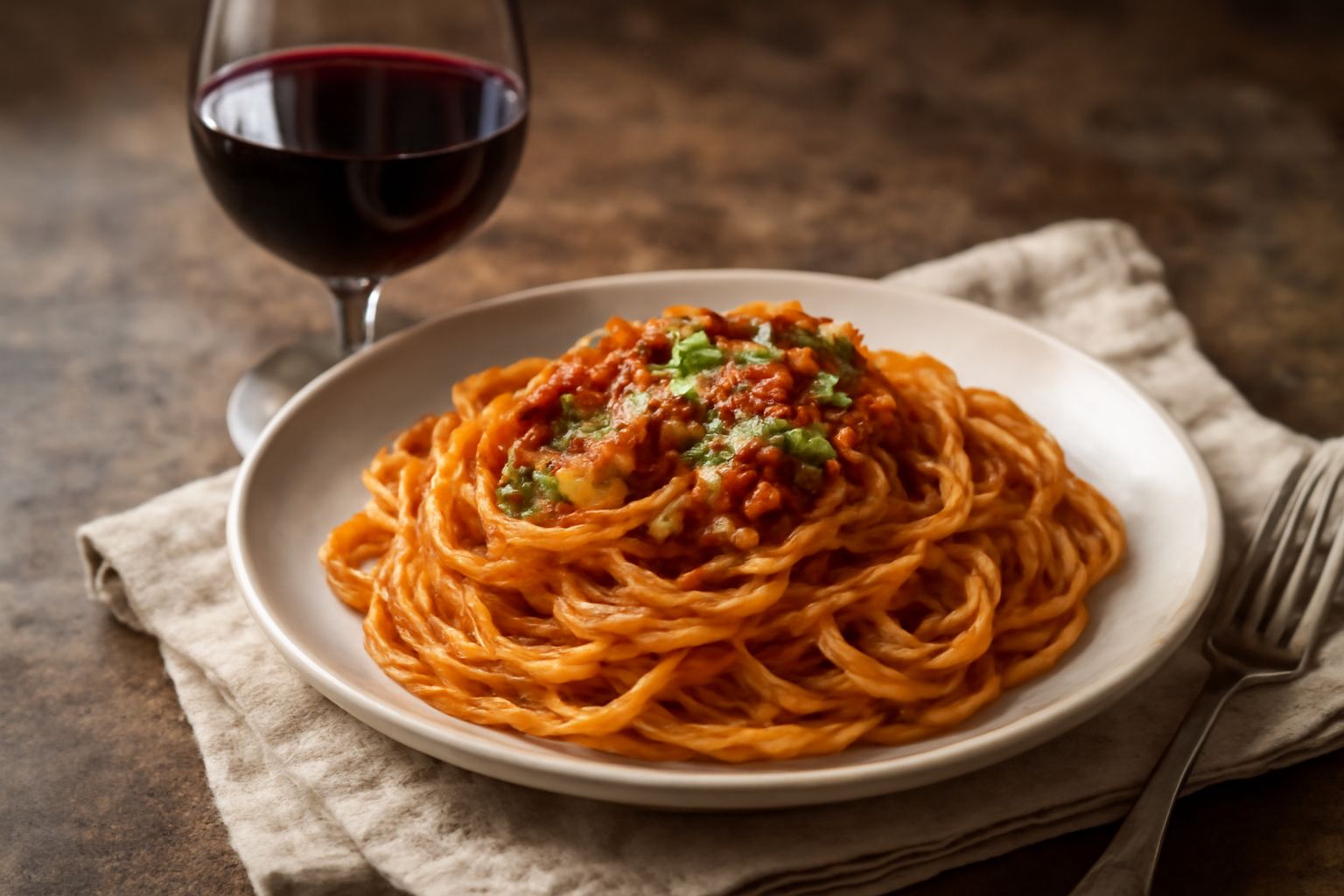 Bicchiere di vino rosso leggero, di colore granato trasparente, poggiato su una tovaglia a quadri accanto a una bottiglia di vetro scuro senza etichetta, con pane e pomodori rossi sullo sfondo