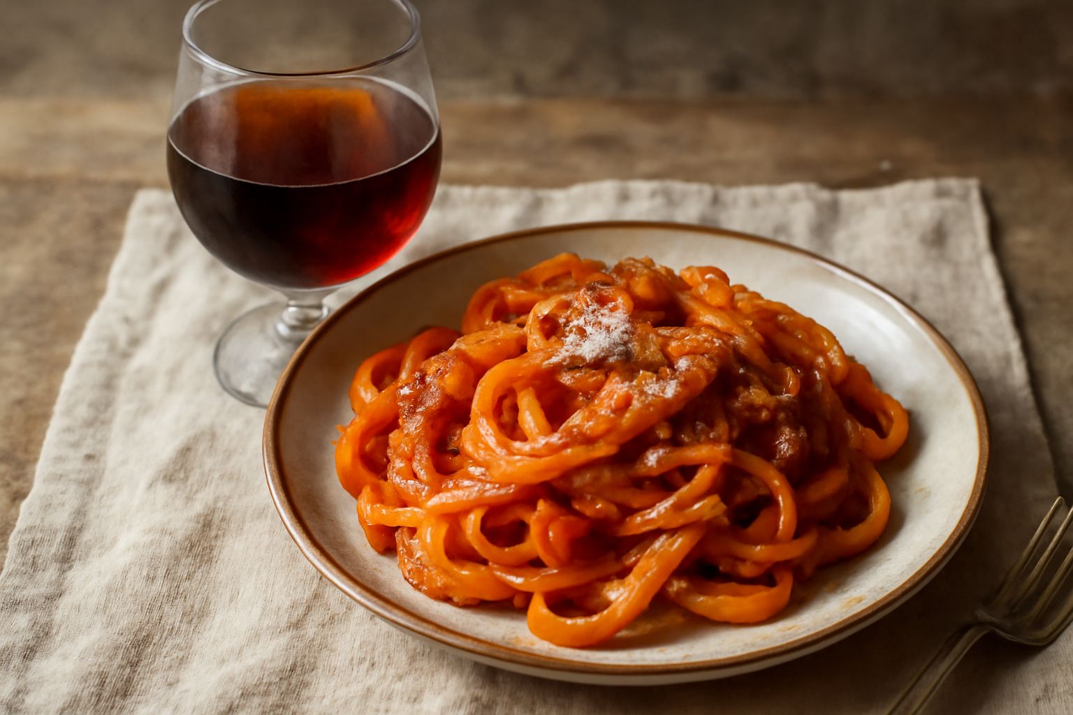 Bottiglie di vetro scuro con vino rosso ambrato, accanto a grappoli d'uva nera e rossa, su un tavolo di legno con sottofondo di botti in legno e fiaschi tradizionali