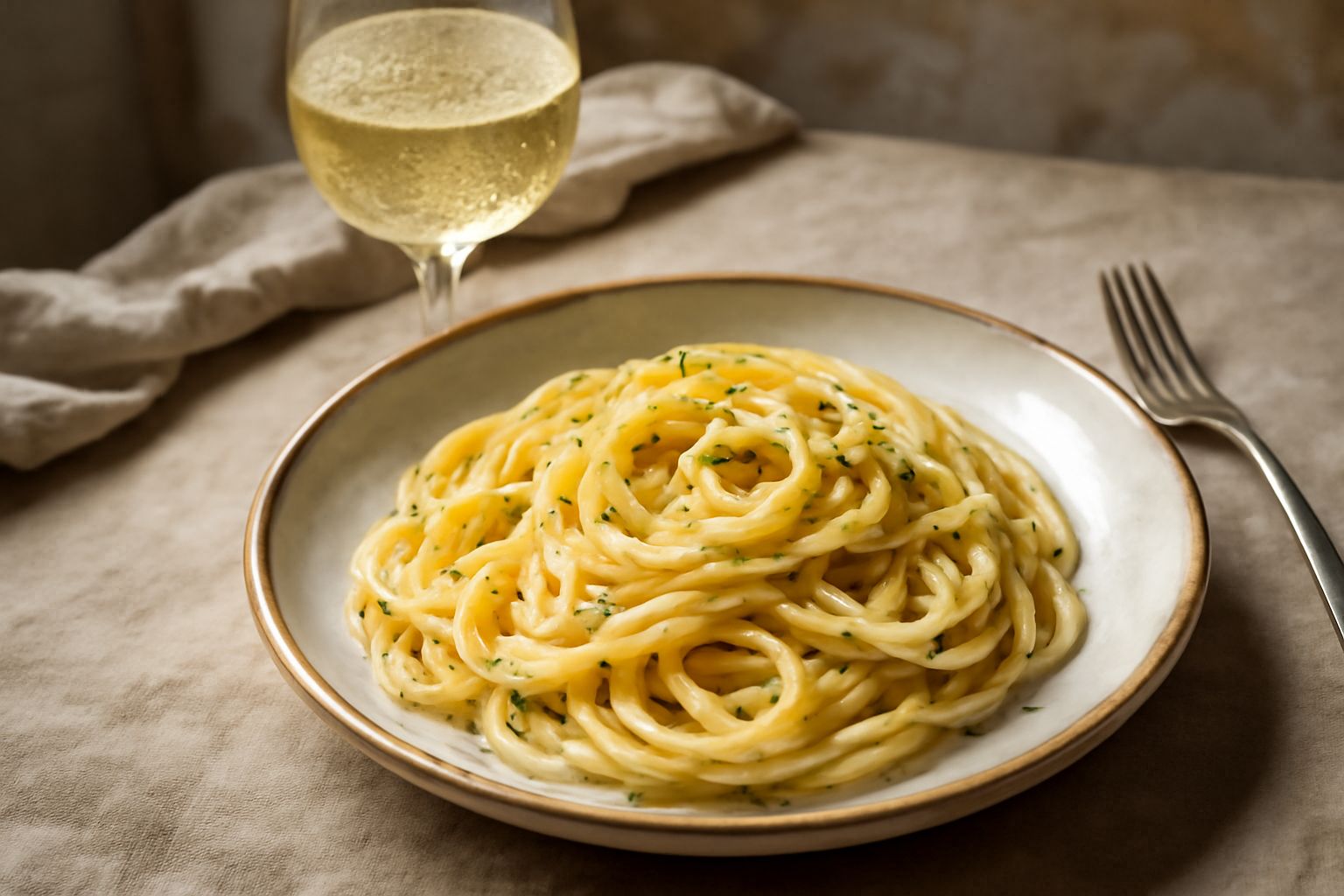 Bicchiere di vino bianco fresco con riflessi giallognoli, servito su una tavola di legno accanto a un piatto di spaghetti alle vongole, con limone fresco e erbe aromatiche sullo sfondo