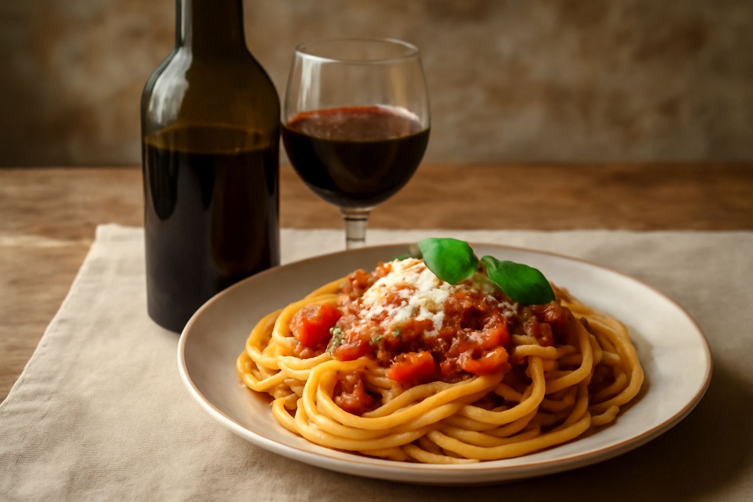 Bicchiere di vino rosso locale versato da bottiglia scura, con tavola di pane casareccio, formaggio invecchiato e olive nere sullo sfondo sfocato