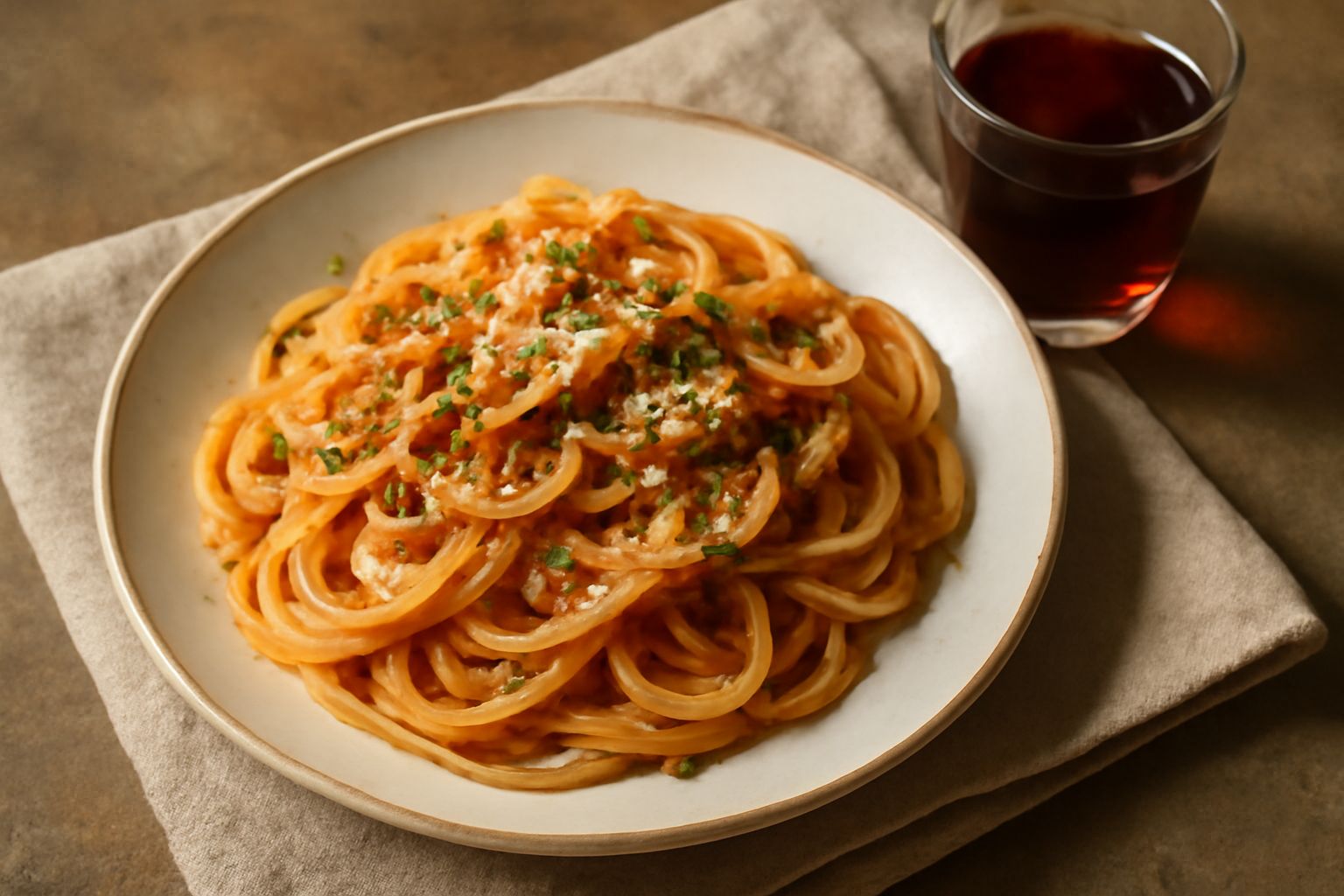 Bicchiere di vino rosso chiaro palermitano accanto a un piatto di pasta con salsa di pomodoro, su tavolo in legno con limone e pane toscano