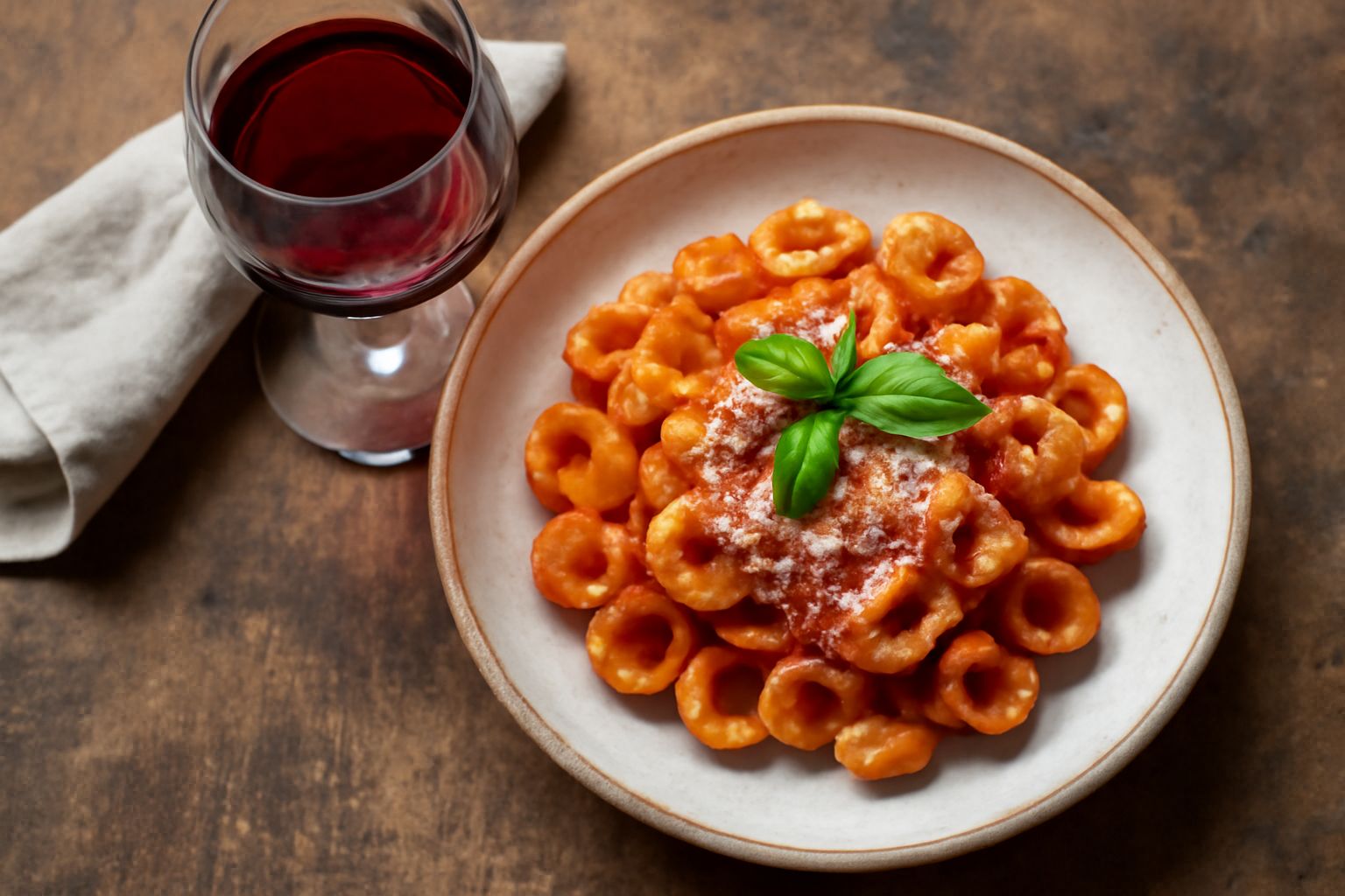 Bicchiere di vino da tavola ragusano color rosso rubino, servito in bicchiere trasparente su tavolo di legno scuro con pane e pomodori locali sullo sfondo