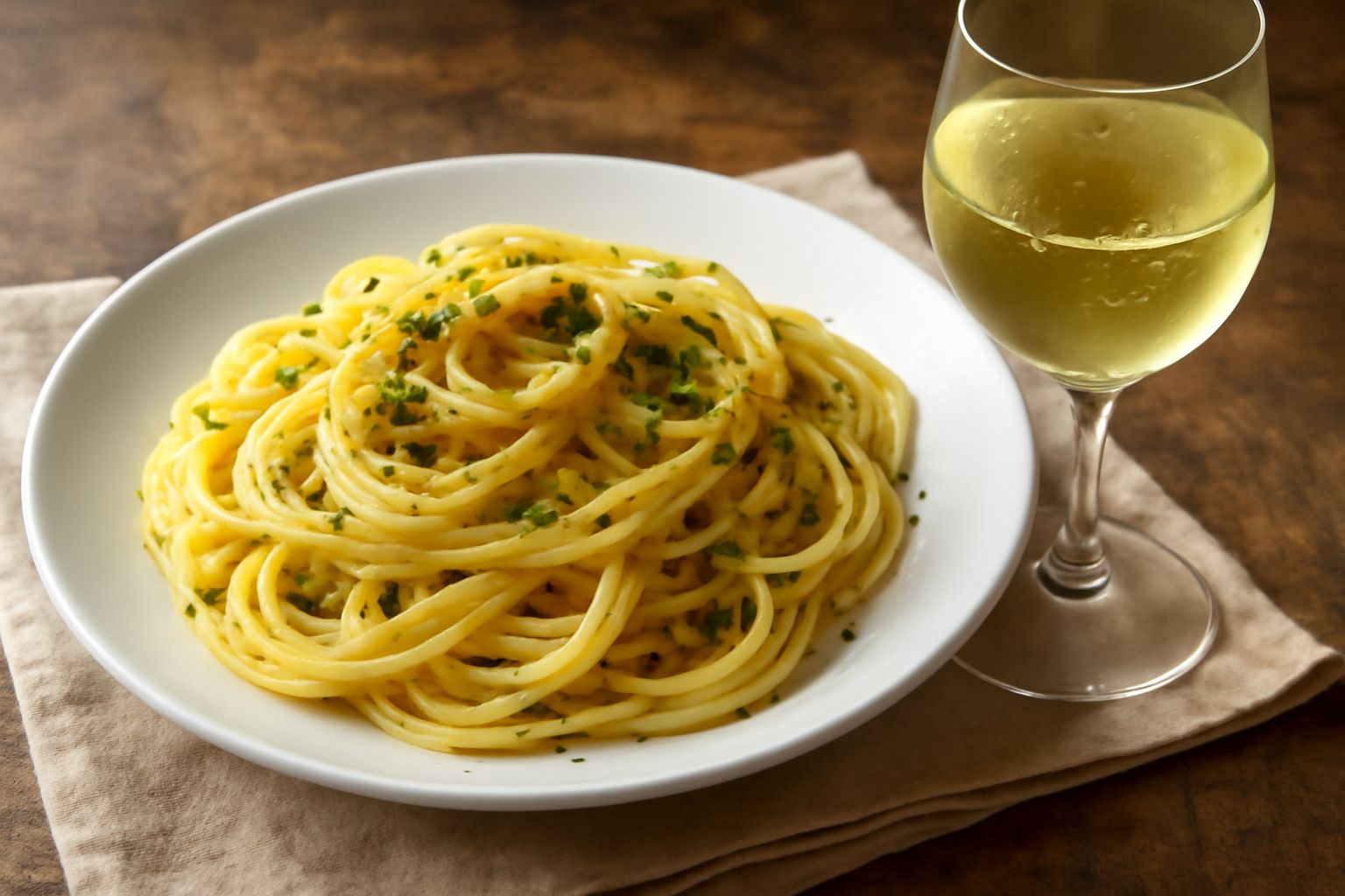 Bicchiere di vino bianco trasparente e paglierino su tavolo di pietra con piatto di pasta ai frutti di mare sullo sfondo e limone fresco tagliato
