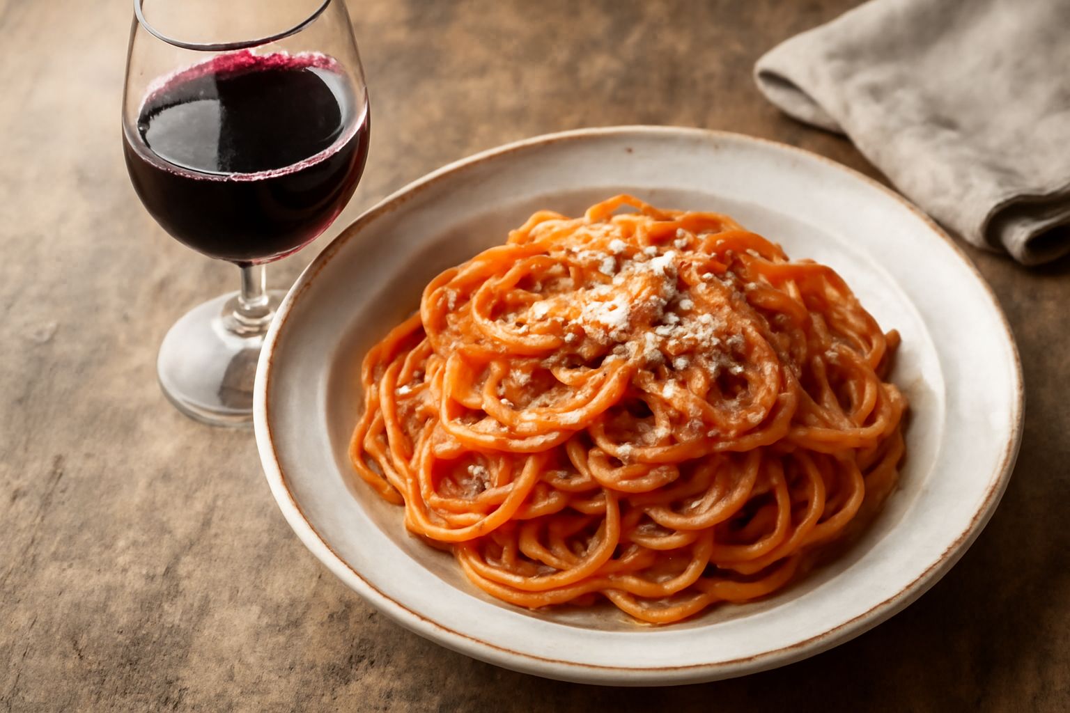 Calice di vino rosso toscano con riflessi granata su tavolo in legno, accanto a pane toscano e salumi, sottofondo con bottiglie e paesaggio toscano sfocato