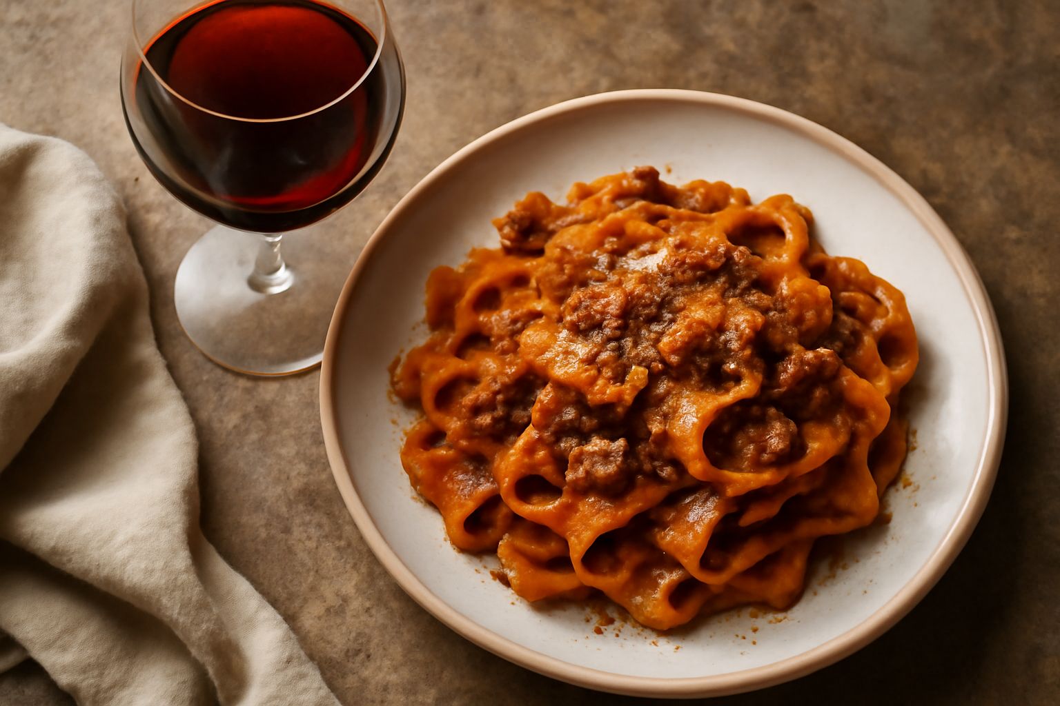 Bicchiere di vino rosso Fumin con riflessi granato, servito a temperatura ambiente su tavolo di legno, con grappolo d'uva Fumin sfocato sullo sfondo