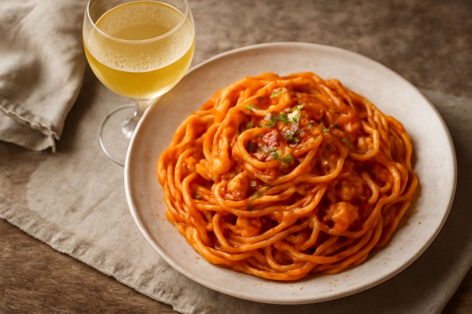 Calice di cristallo trasparente contenente Moscato di colore giallo paglierino, posato su una tovaglia bianca di lino, con acini d'uva moscato color avorio sfocati sullo sfondo e una bottiglia di vetr