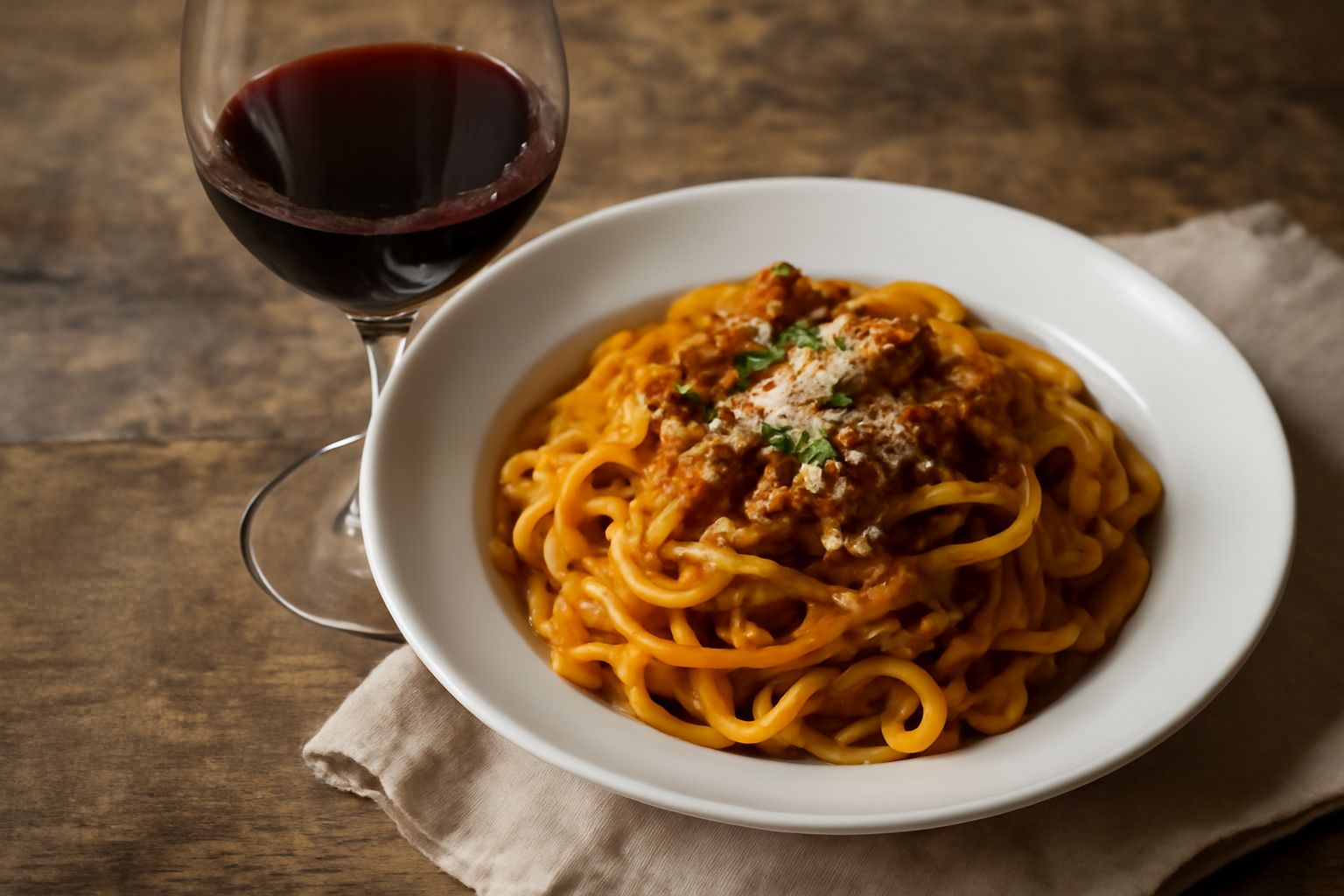 Calice trasparente con vino rosso rubino intenso, sfondo sfocato con bottiglia di vetro scuro e grappolo d'uva nera Nebbiolo su tavolo in legno
