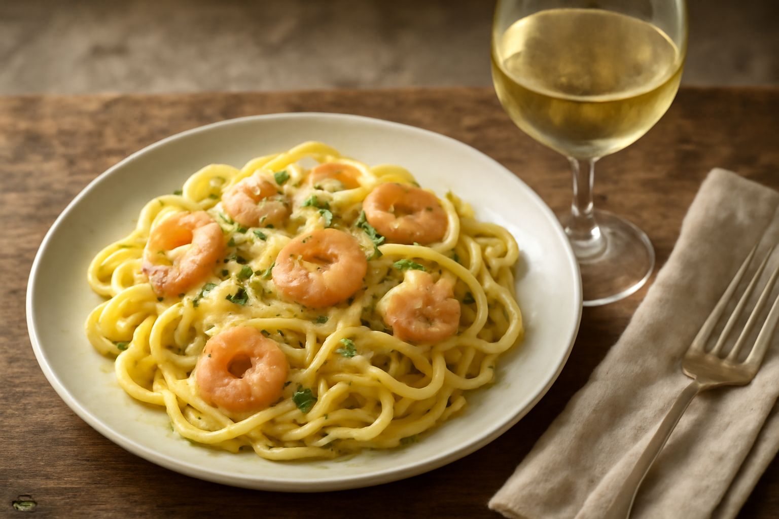 Bicchiere di Pinot Grigio trasparente, color giallo paglierino, su tavolo di legno con una bottiglia sullo sfondo e grappolo di uva bianca accanto