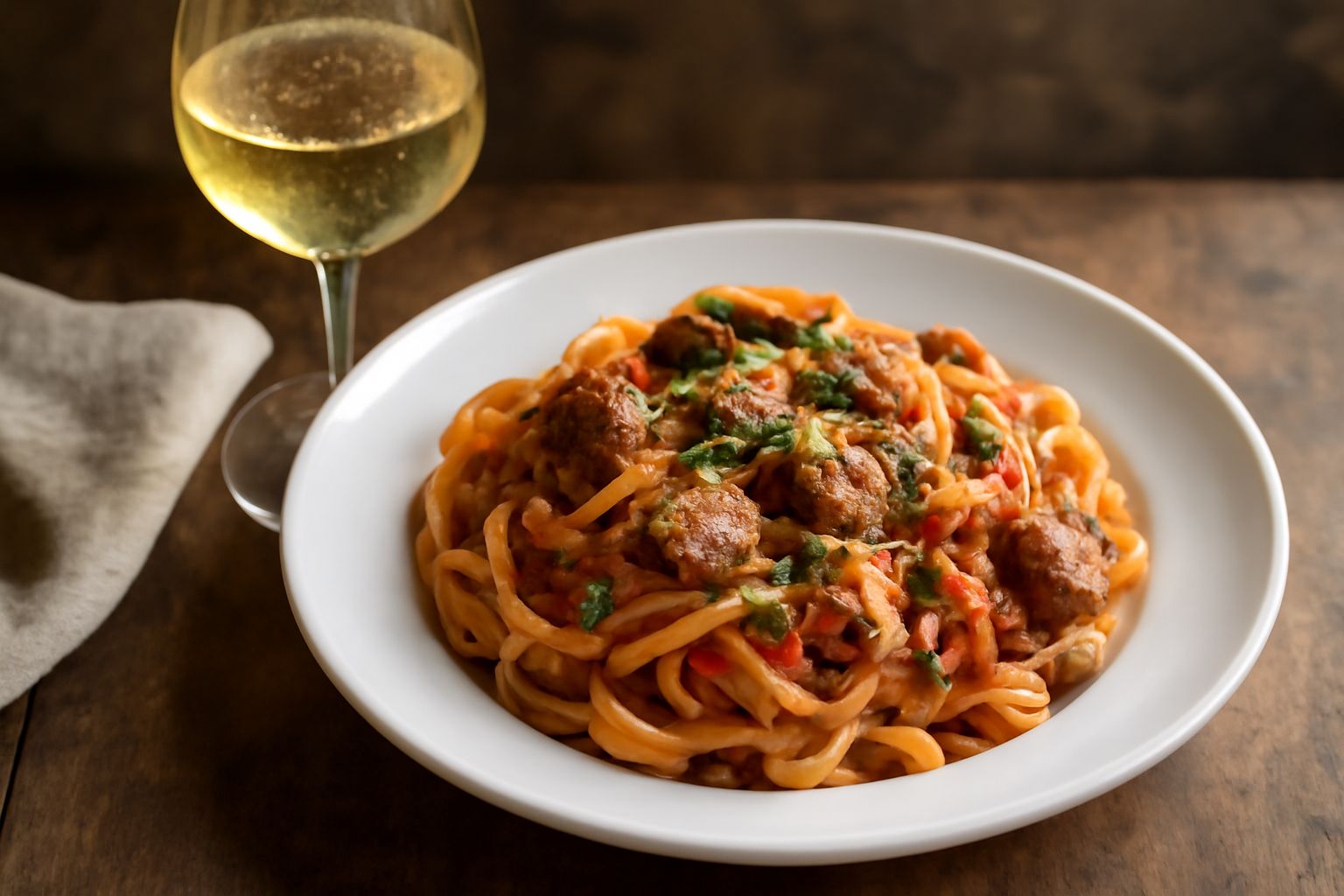 Bicchiere di vino bianco cristallino e bicchiere di vino rosso rubino su tavolo di legno con sfondo sfocato di colline verdi e vigne in terrazza