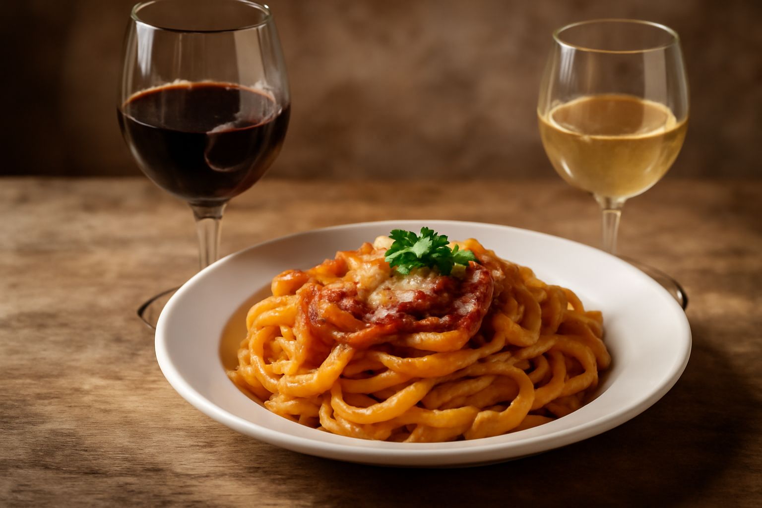 Bottiglia di vino rosso Gutturnio con calice colmo di liquido rubino, su sfondo di colline verdi dell'Emilia-Romagna e uva nera fresca