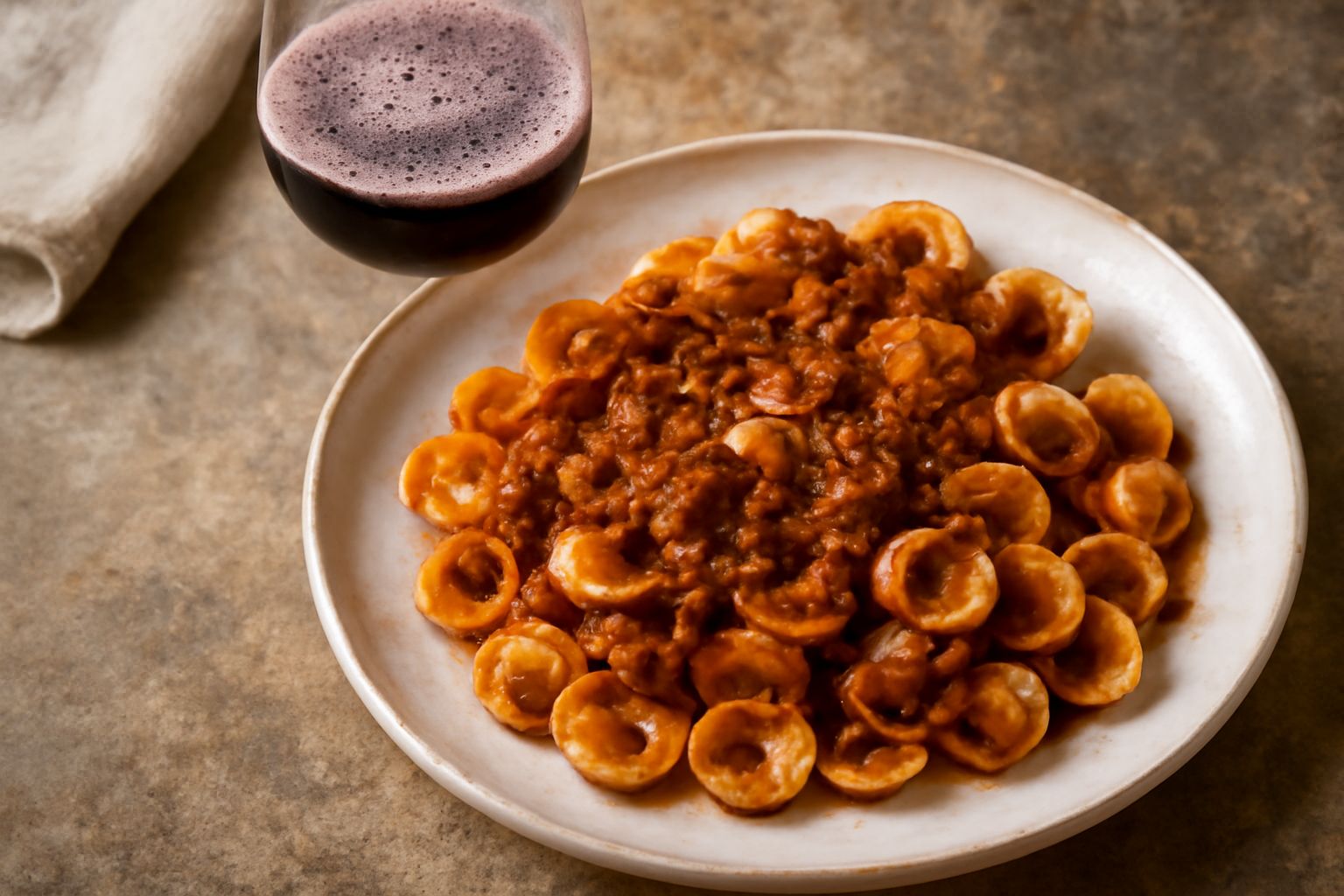 Bicchiere di vino rosso dei Colli Storici riempito a tre quarti, colore rubino intenso, con bottiglia sullo sfondo e tavola con piatti di carne e formaggi invecchiati