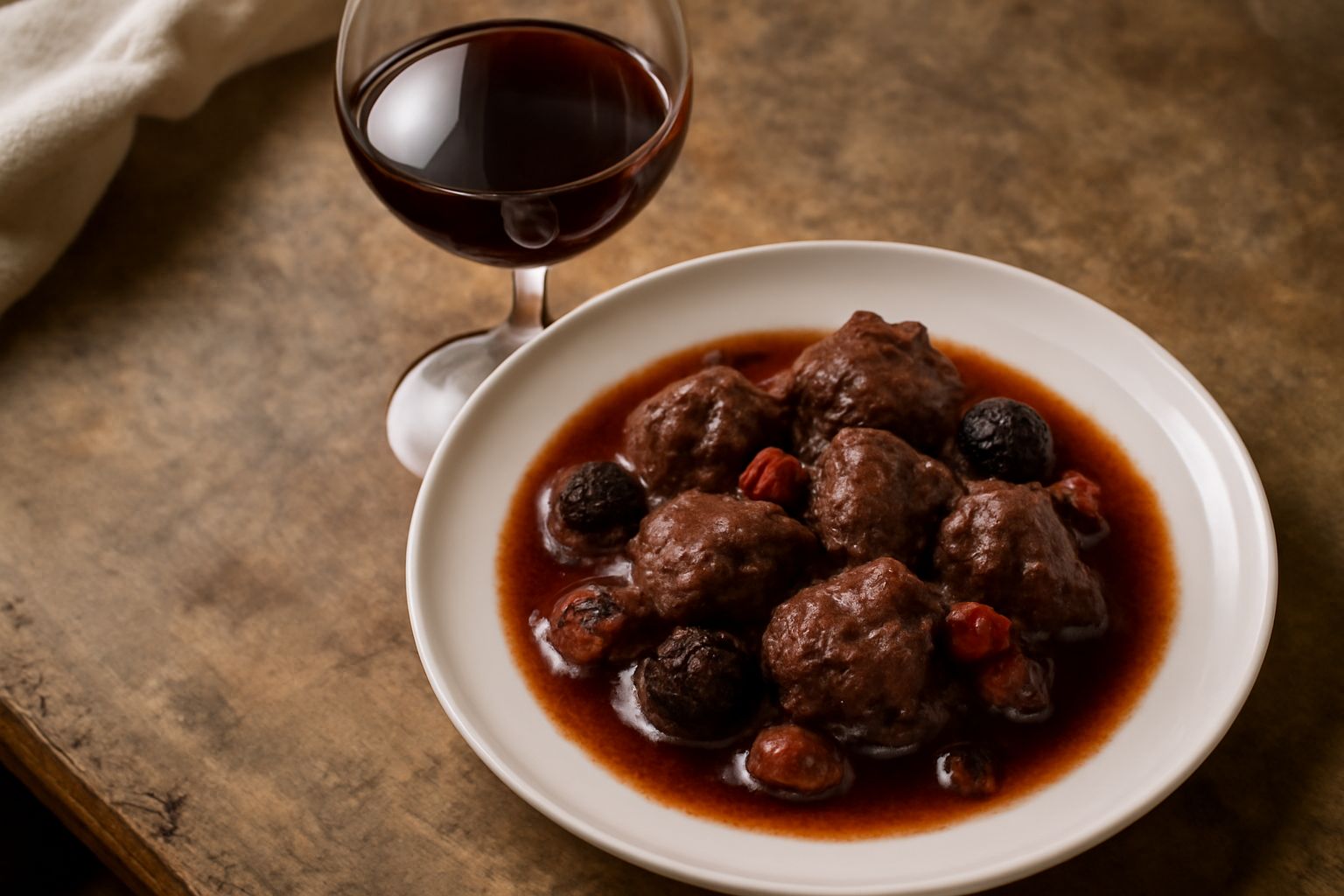 Calice di vino Barolo color rubino profondo, poggiato su tavolo di legno scuro con una bottiglia non etichettata sullo sfondo sfuocato