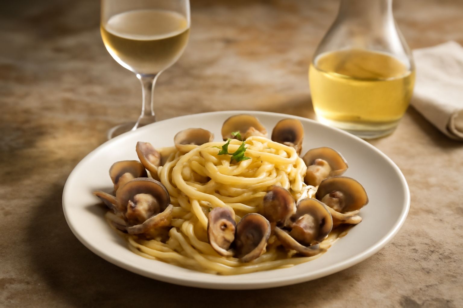 Calice di vino bianco trasparente con riflessi gialli-verdi, accanto a un piatto di pesce al forno, su una tovaglia bianca con vista lago sullo sfondo