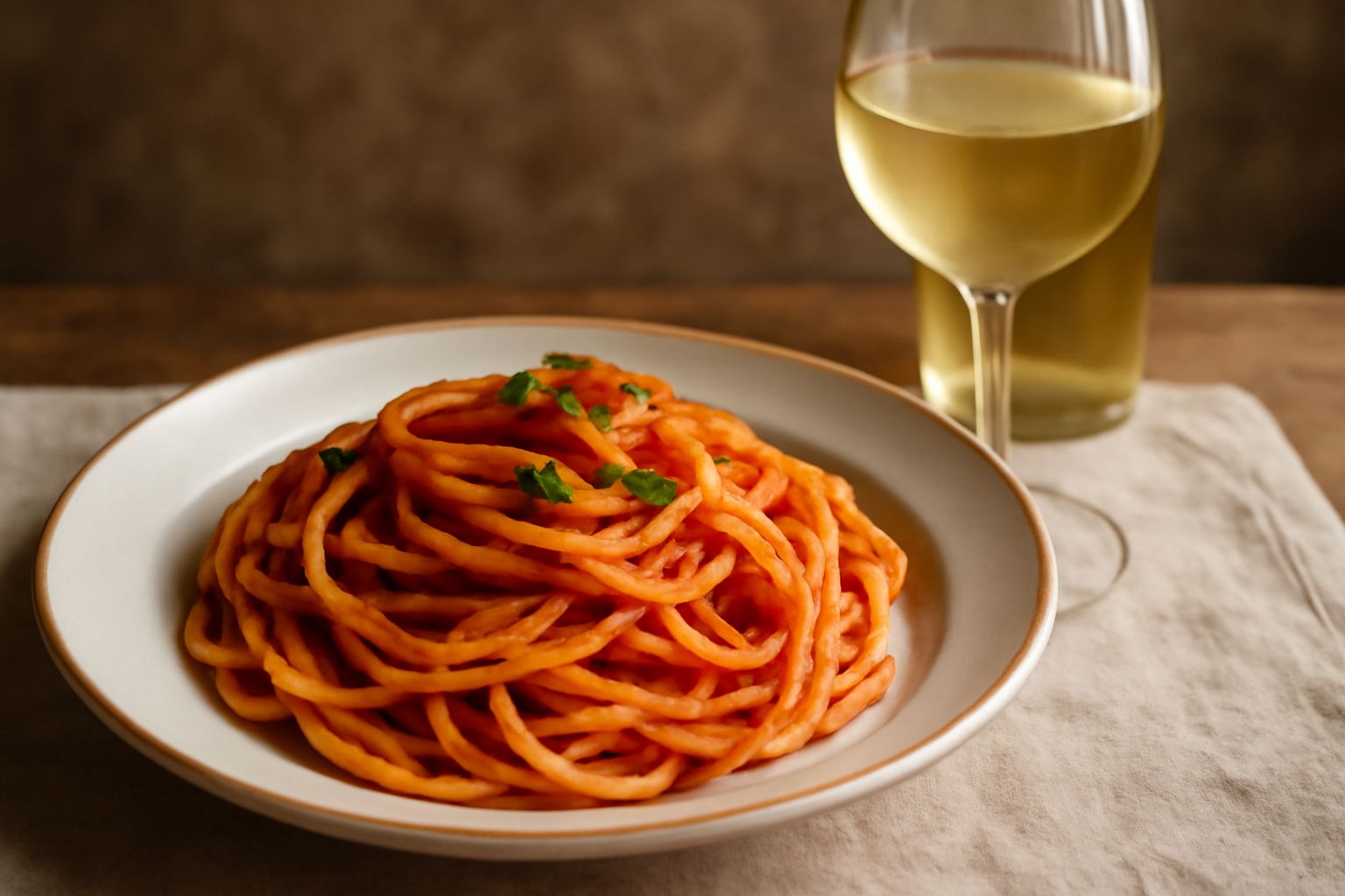 Bicchiere di vino bianco fresco con riflessi dorati, metà pieno, accanto a un piatto di pasta al pomodoro su una tavola di legno con una bottiglia sfocata sullo sfondo