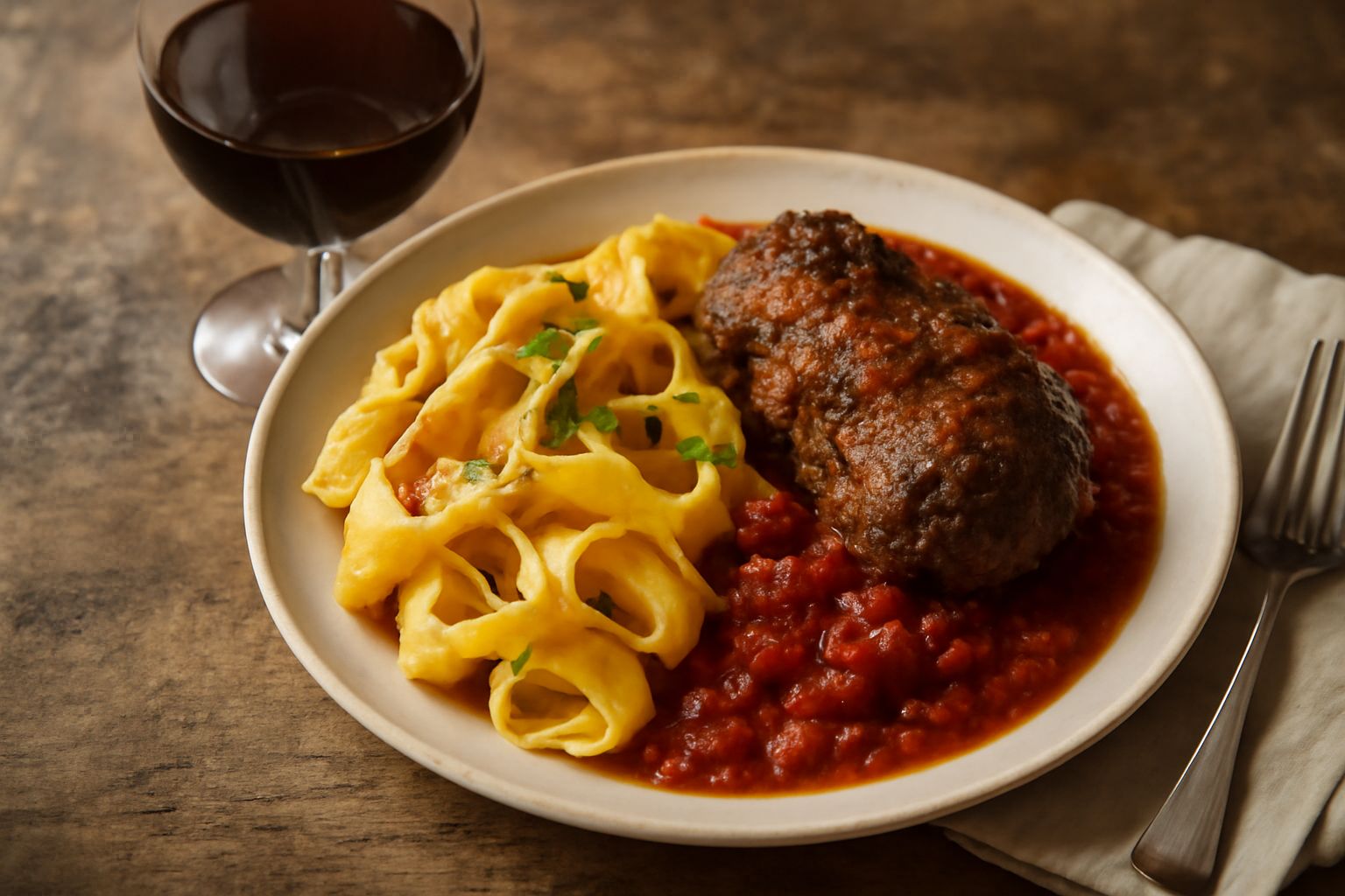 Bicchiere di vino rosso della Conca d'Oro poggiato su una tavola di legno, con uva nera e bottiglia sfocata sullo sfondo, luce naturale calda