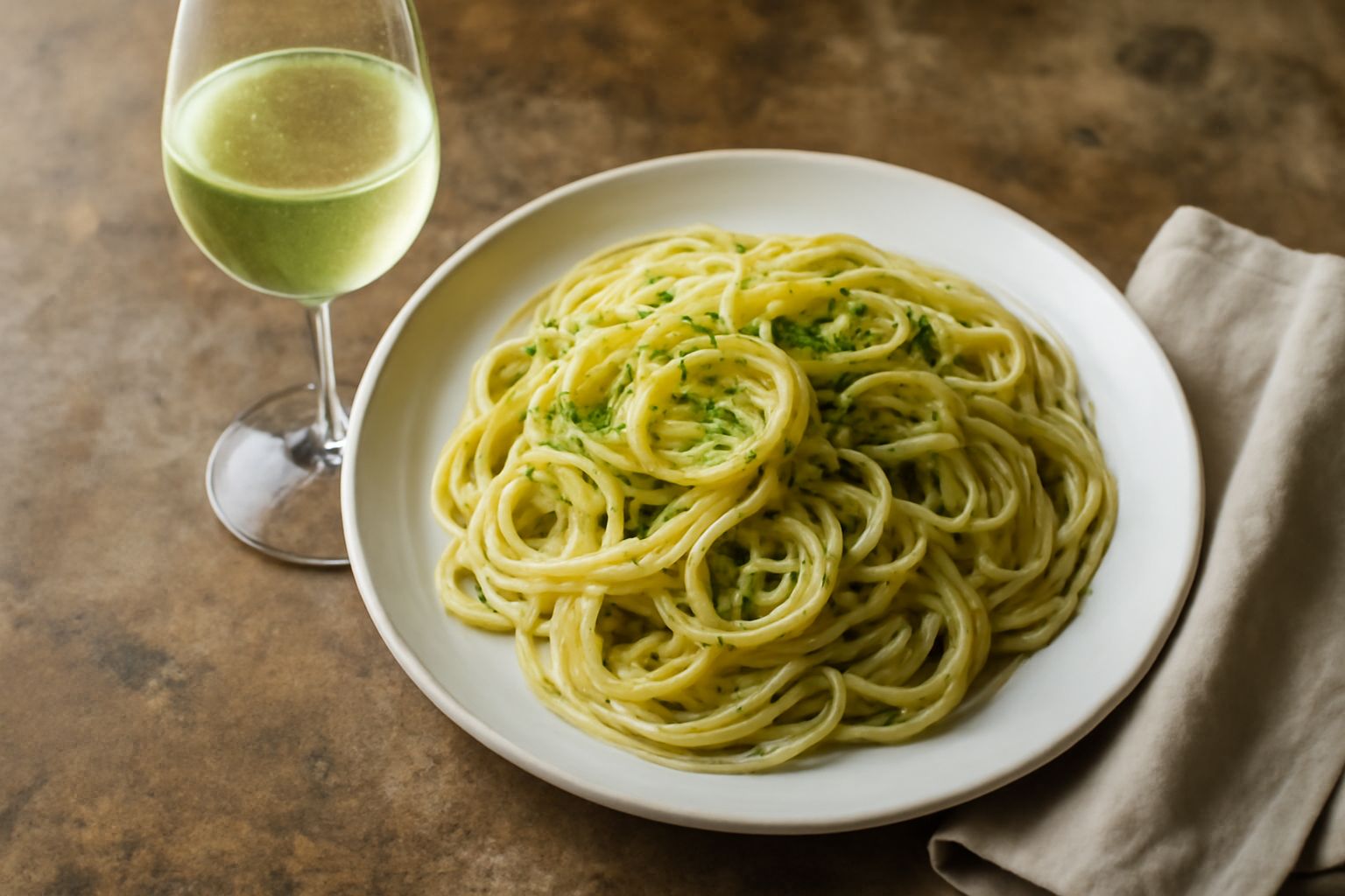 Calice di vino bianco paglierino con riflessi dorati, posato su tavolo in legno, con spigola intera fresca e limone affettato sullo sfondo, tappo di sughero e bottiglia sfocata