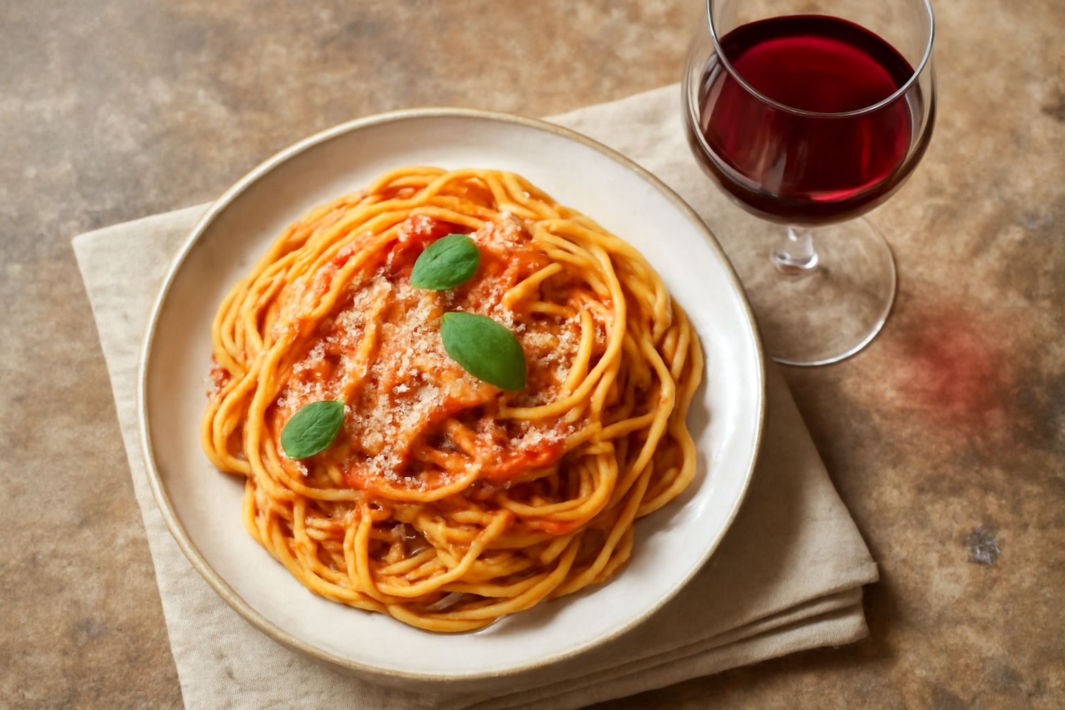 Calice di vino rosso chiaro dalle sfumature rubino, contenente vino fruttato, con sfondo di uva rossa e bottiglie di vetro scuro su tavolo di legno rustico