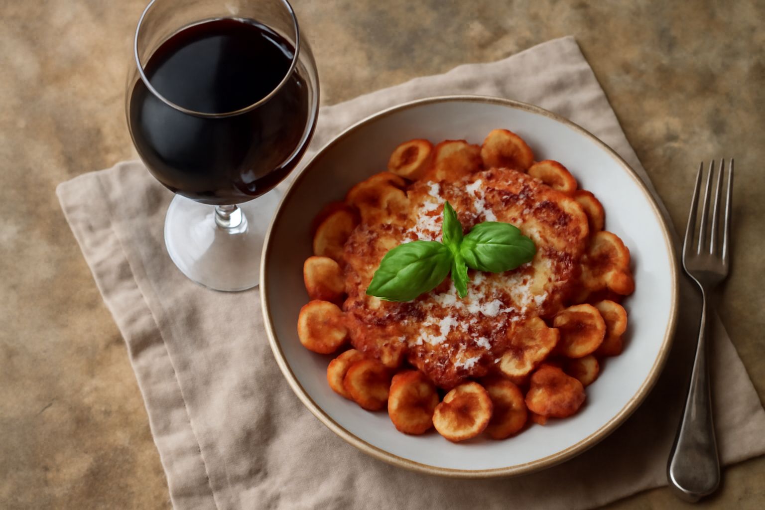 Bicchiere di cristallo con vino Aglianico rosso scuro, riflessi granato alla luce, posto su tavolo di legno scuro con piatto di pasta e ragù sfocato sullo sfondo